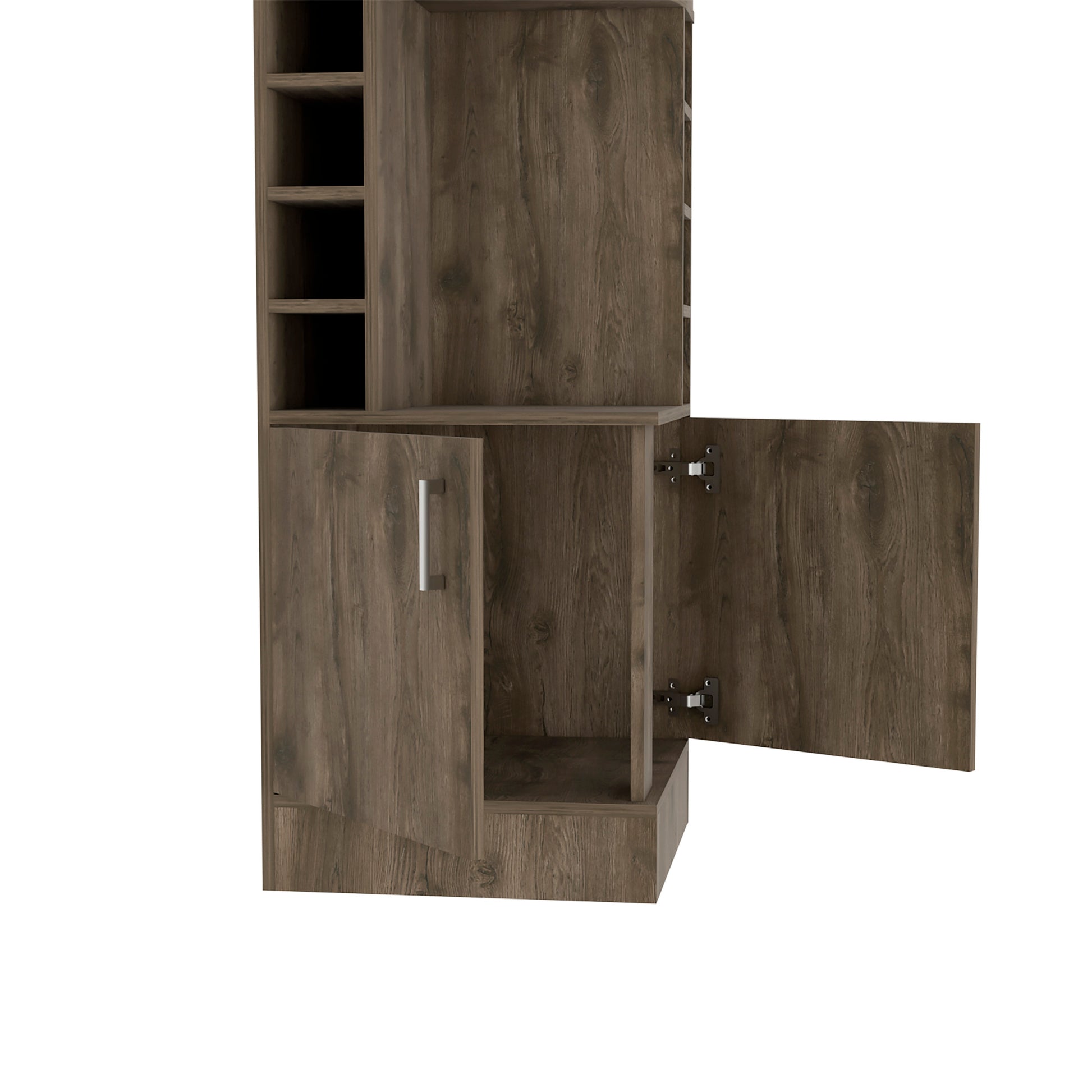 71" H Light Dark Brown Bar Cabinet, With Two Shelves At The Top, 1 Glass Holder, 8 Exterior Bottle Racks, 1 Central Shelf And A Lower Drawer With 2 Side Doors Brown Particle Board Particle Board