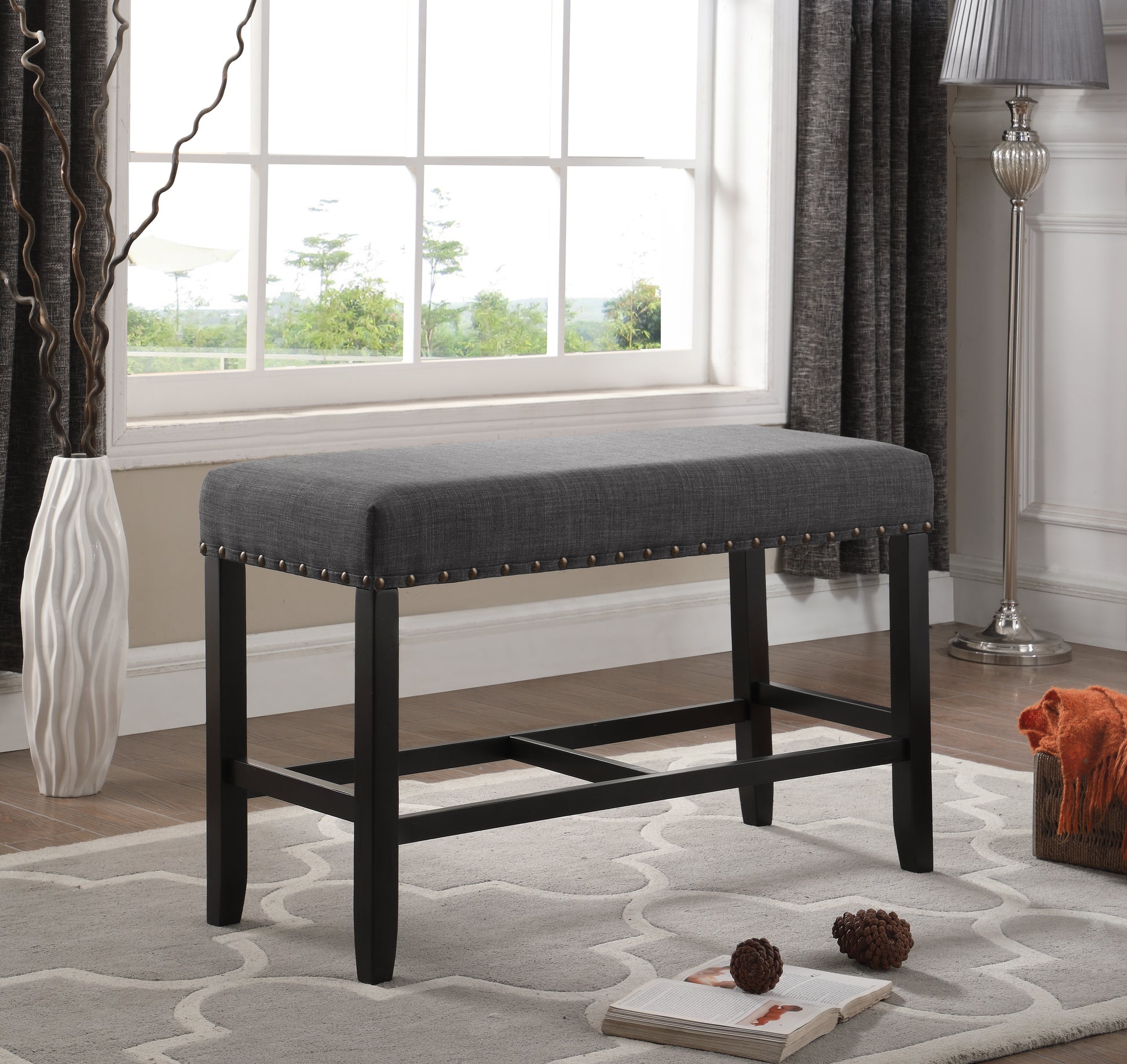 Biony Fabric Counter Height Dining Bench With Trim, Grey Grey Polyester Blend