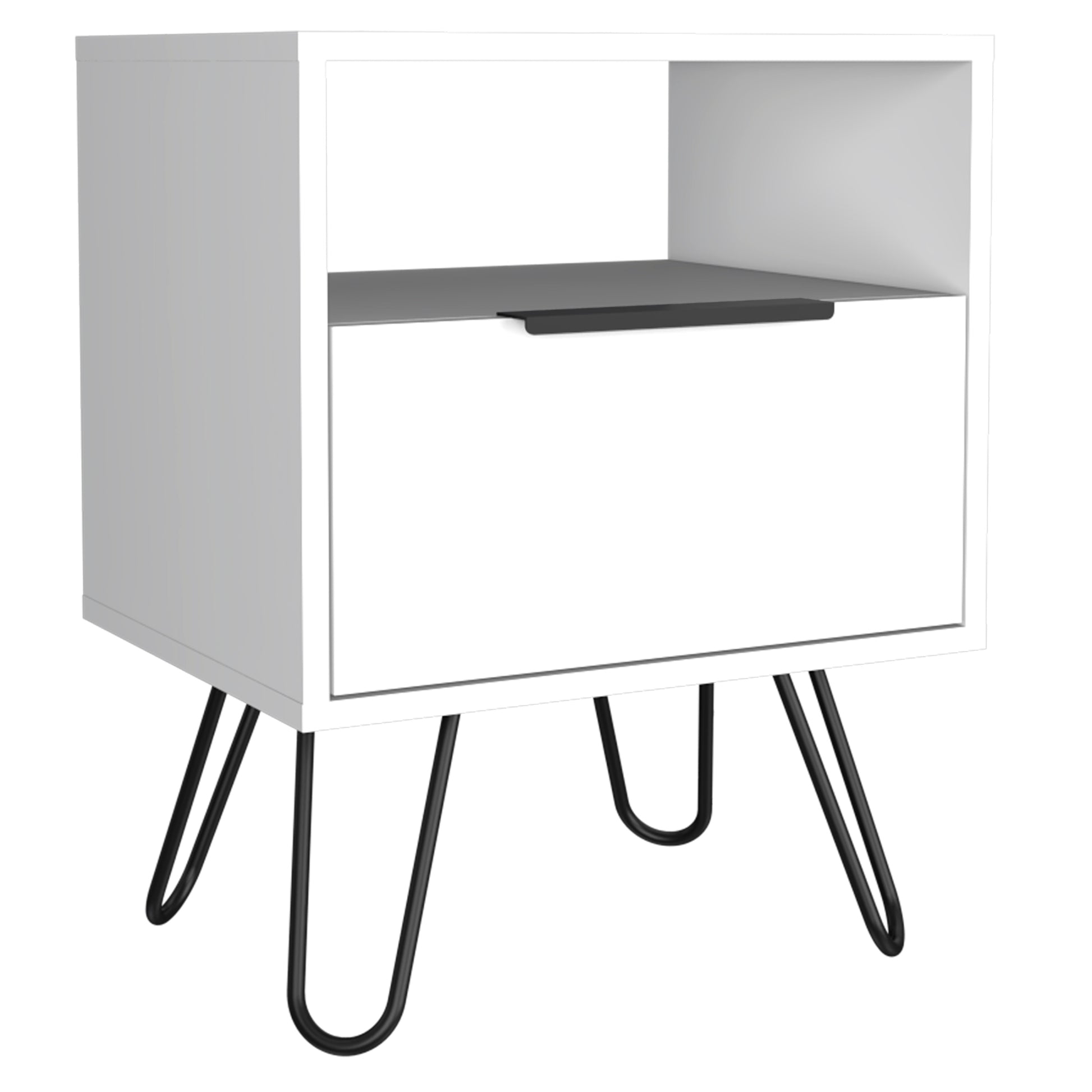 Nightstand 22"H, One Open Shelf, Single Door Cabient, Hairpin Legs, White White Particle Board Particle Board