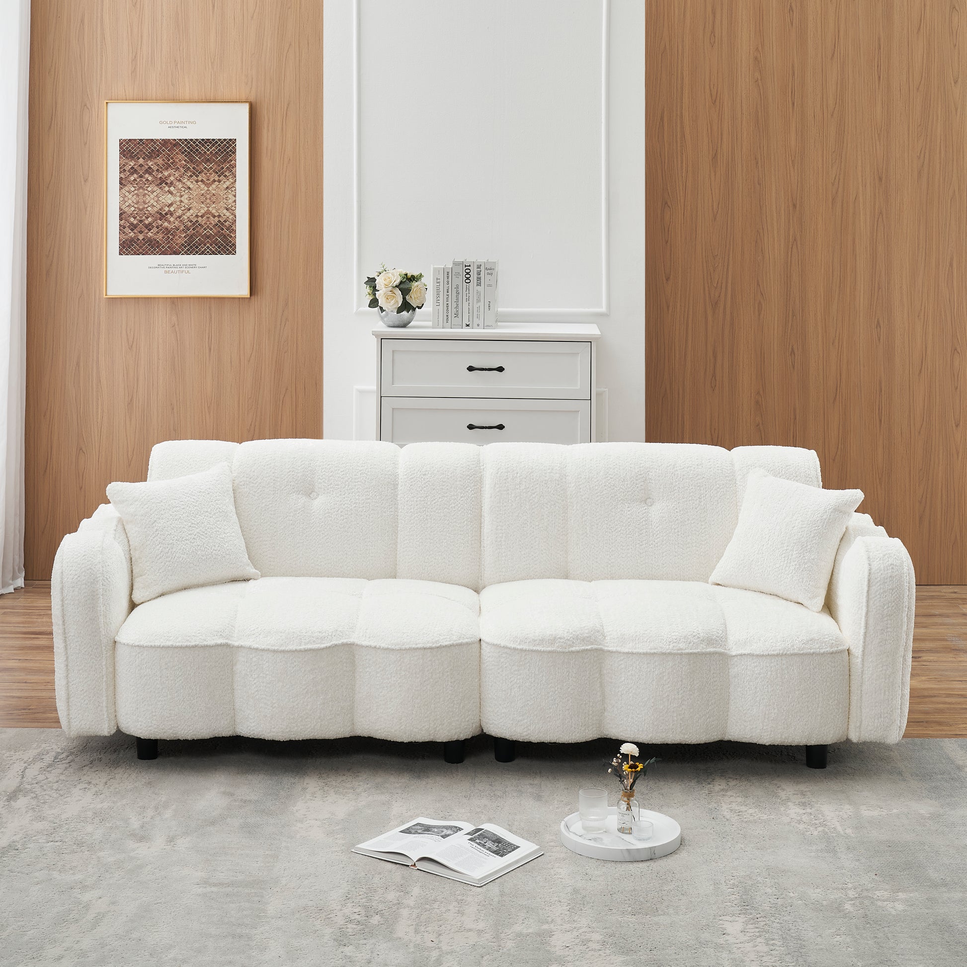 96.06 Inch Large Teddy Plush Sofa For Living Room And Entertainment Space. White Brown Velvet Wood Primary Living Space Medium Soft Loose Back Contemporary Eucalyptus Pillow Top Arms Foam Foam 3 Seat
