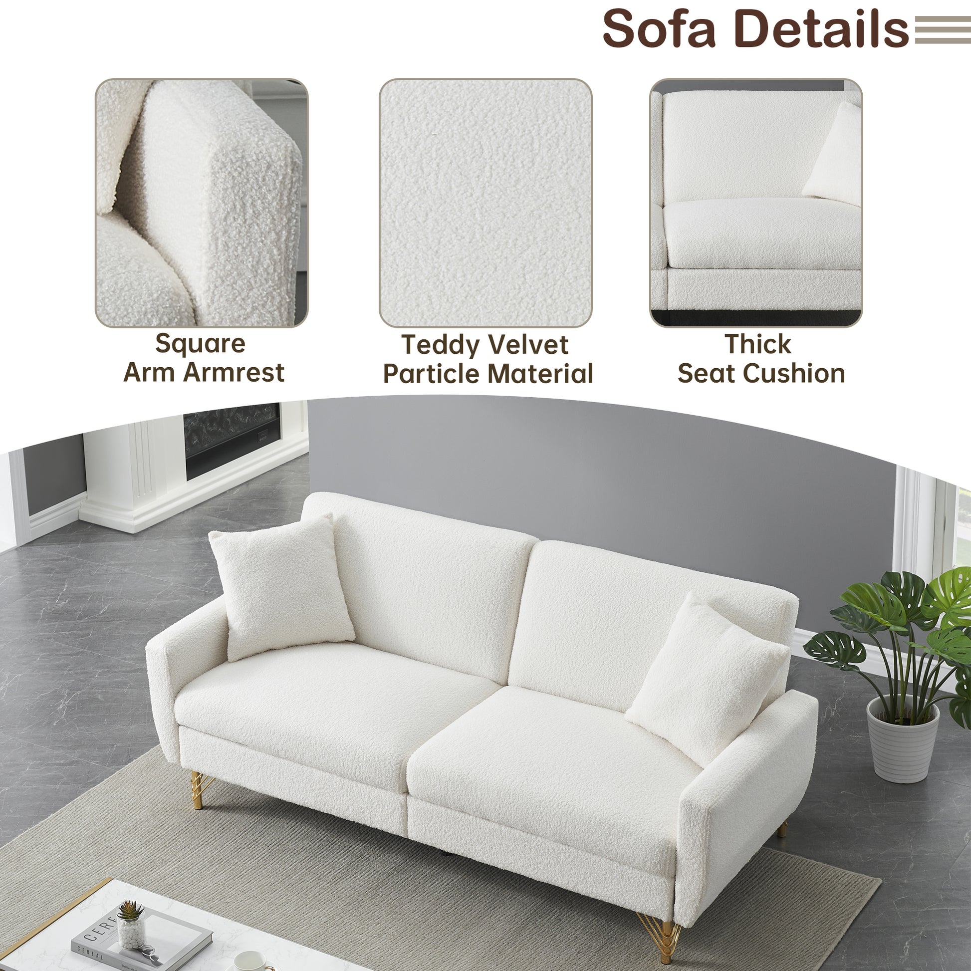 74.41 Inch Teddy Velvet Sofa Bed With Separate Adjustment Backrest And Storage Function White Light Brown Velvet Wood Primary Living Space Medium Soft Loose Back Contemporary Eucalyptus Square Arms Foam Foam 2 Seat