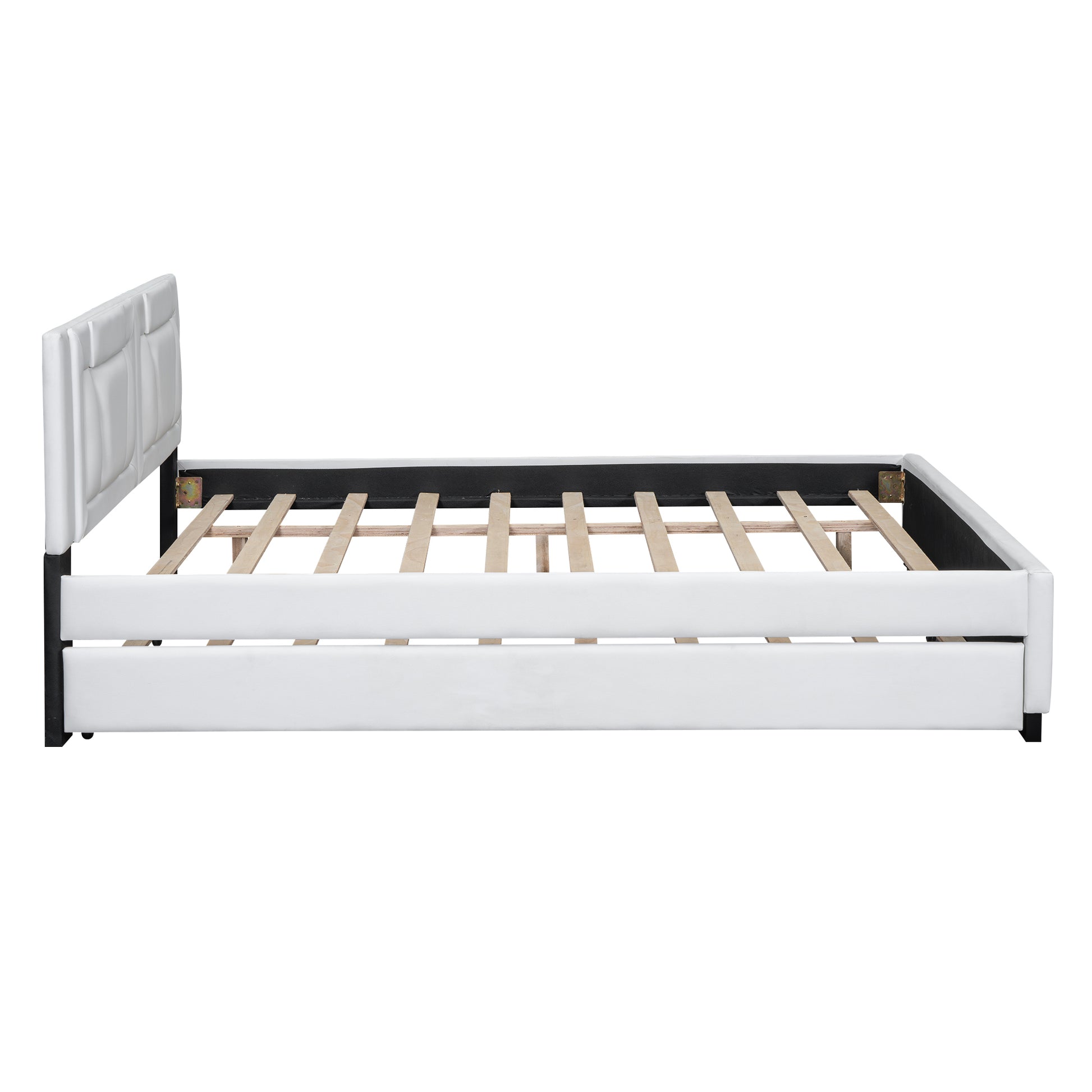 Queen Size Upholstered Platform Bed With Headboard And Twin Size Trundle, White Box Spring Not Required Queen White Bedroom Faux Leather Upholstered