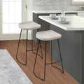 Tiva 30 Inch Handcrafted Backless Barstool, Whitewashed Mango Wood Saddle Seat, Black Metal Base Black White Metal & Wood