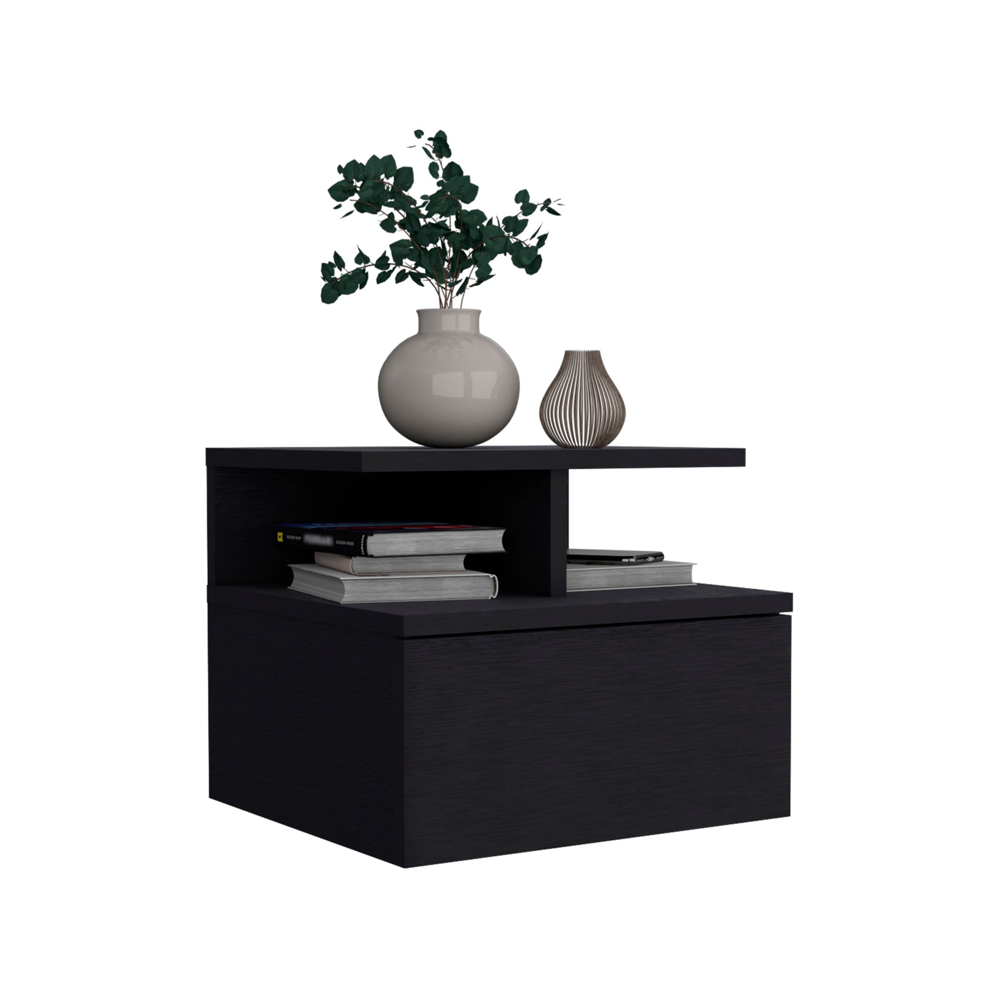 Floating Nightstand 12"H, Wall Mounted With Single Drawer And 2 Tier Shelf, Black Black Particle Board Particle Board