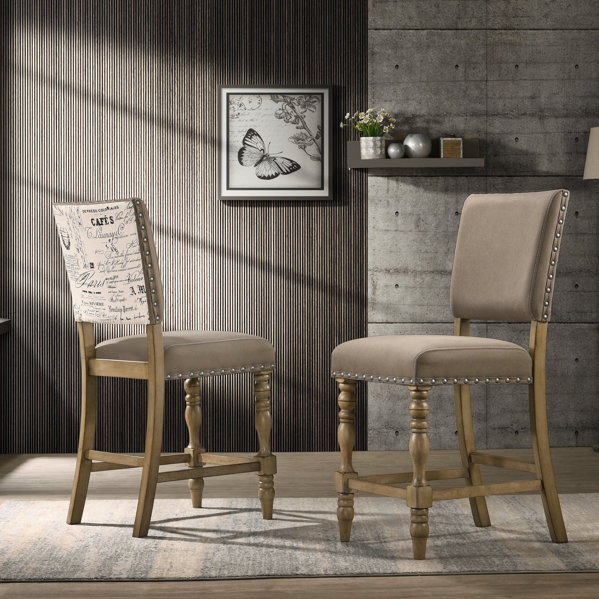 Birmingham Script Printed Driftwood Finish Counter Height Dining Chair With Nail Head, Set Of 2 Brown Wood