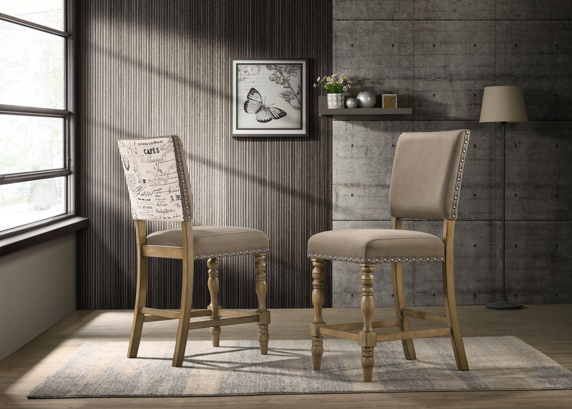 Birmingham Script Printed Driftwood Finish Counter Height Dining Chair With Nail Head, Set Of 2 Brown Wood