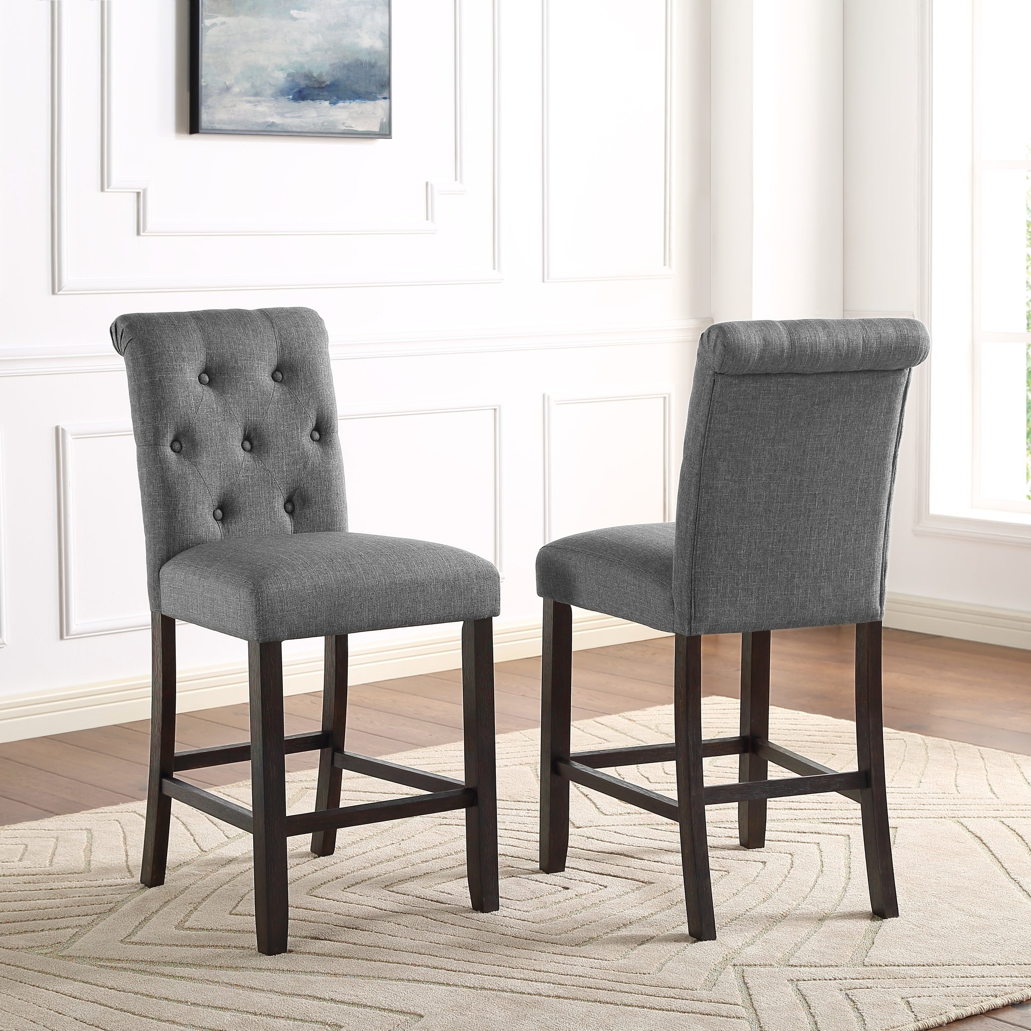 Leviton Solid Wood Tufted Asons Counter Height Stool, Set Of 2, Grey Gray Polyester Blend