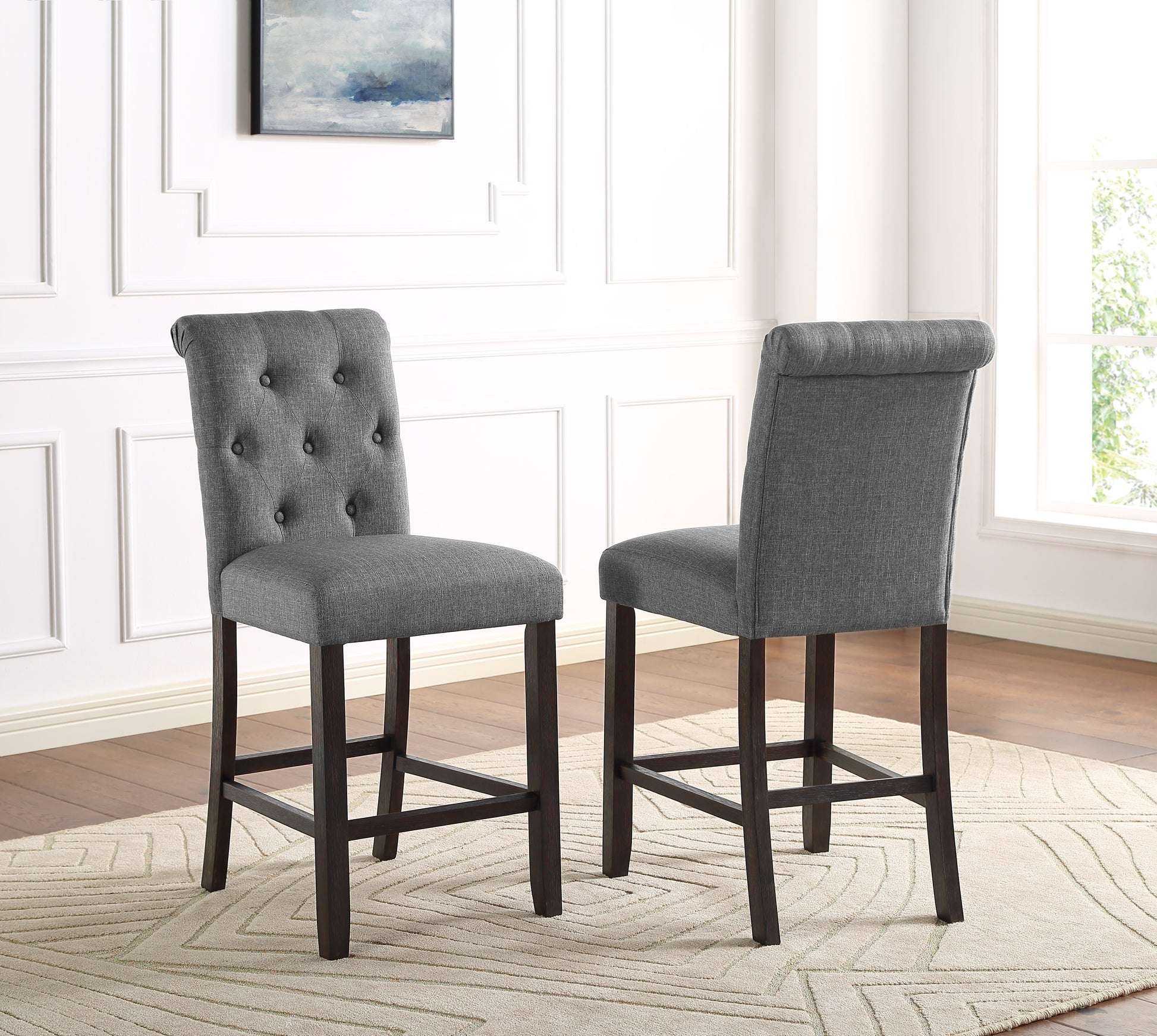 Leviton Solid Wood Tufted Asons Counter Height Stool, Set Of 2, Grey Gray Polyester Blend