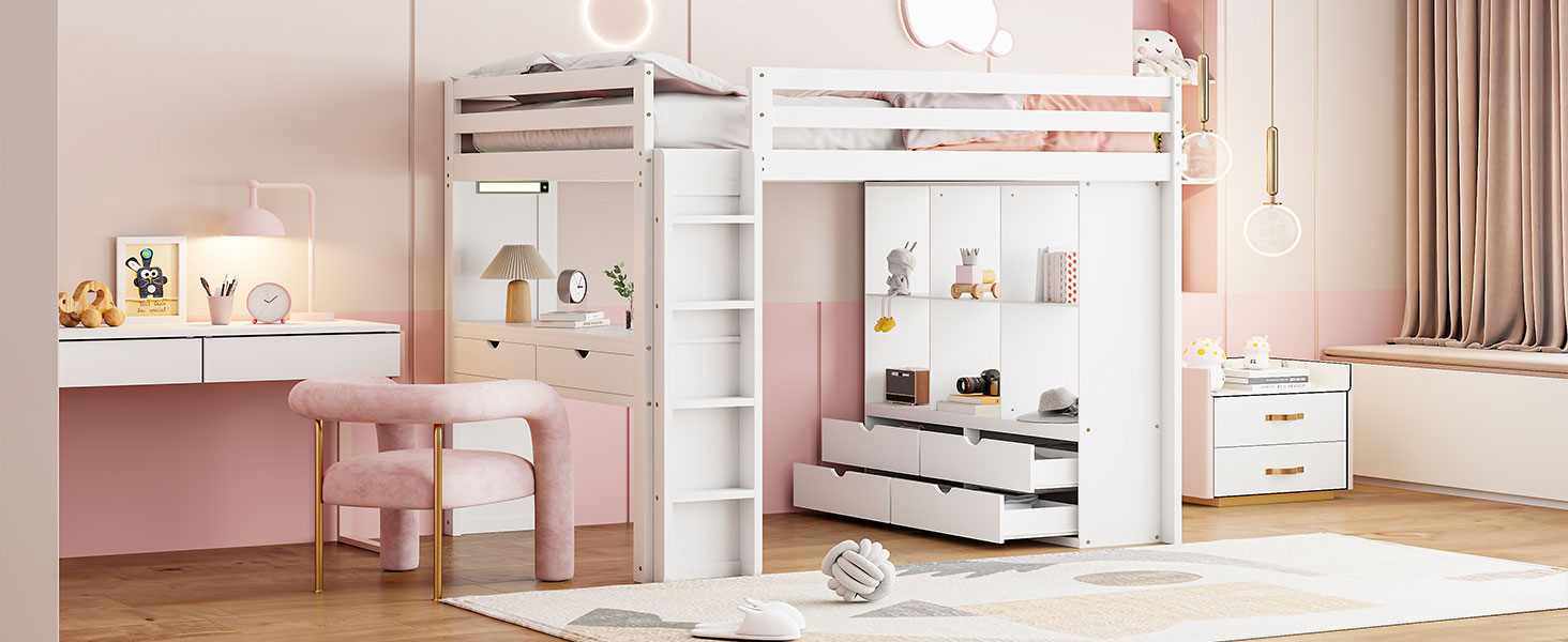 Full Size Loft Bed With Large Shelves, Writing Desk And Led Light, White White Solid Wood Mdf