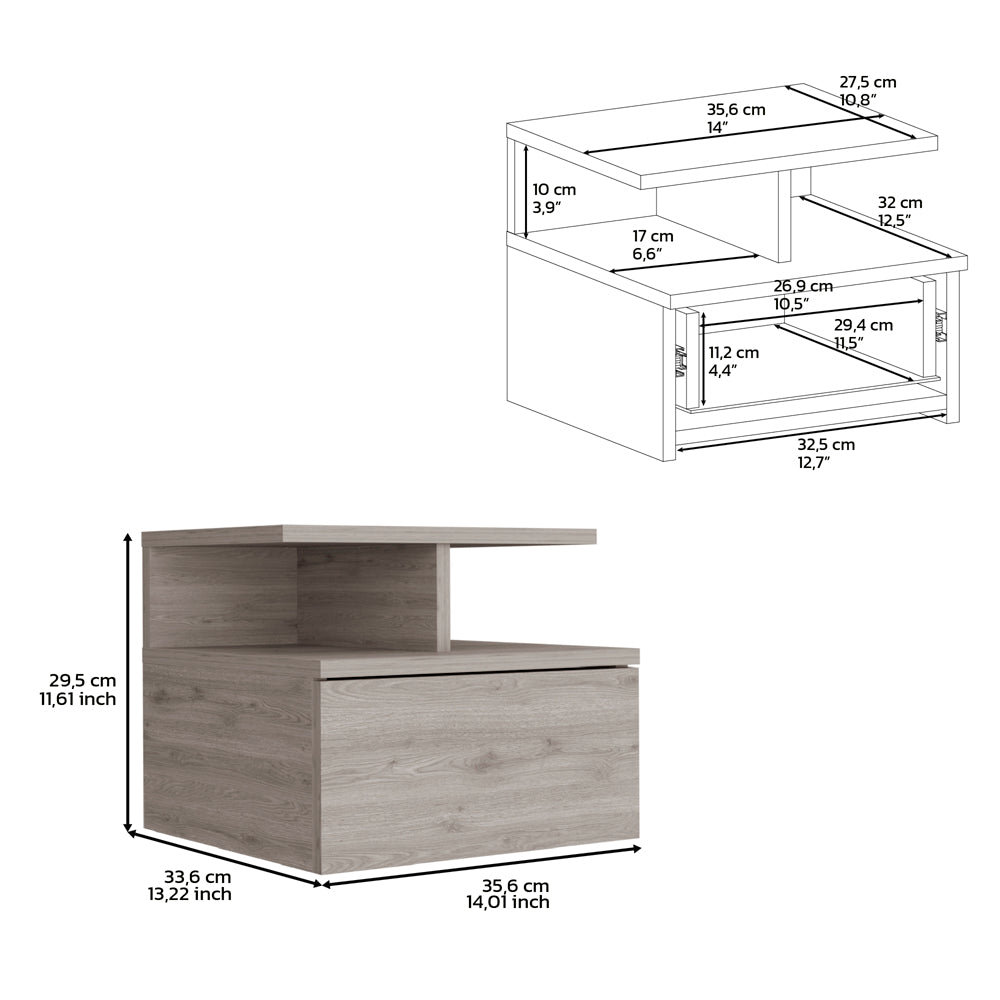 Floating Nightstand 12"H, Wall Mounted With Single Drawer And 2 Tier Shelf, Light Gray Gray Particle Board Particle Board