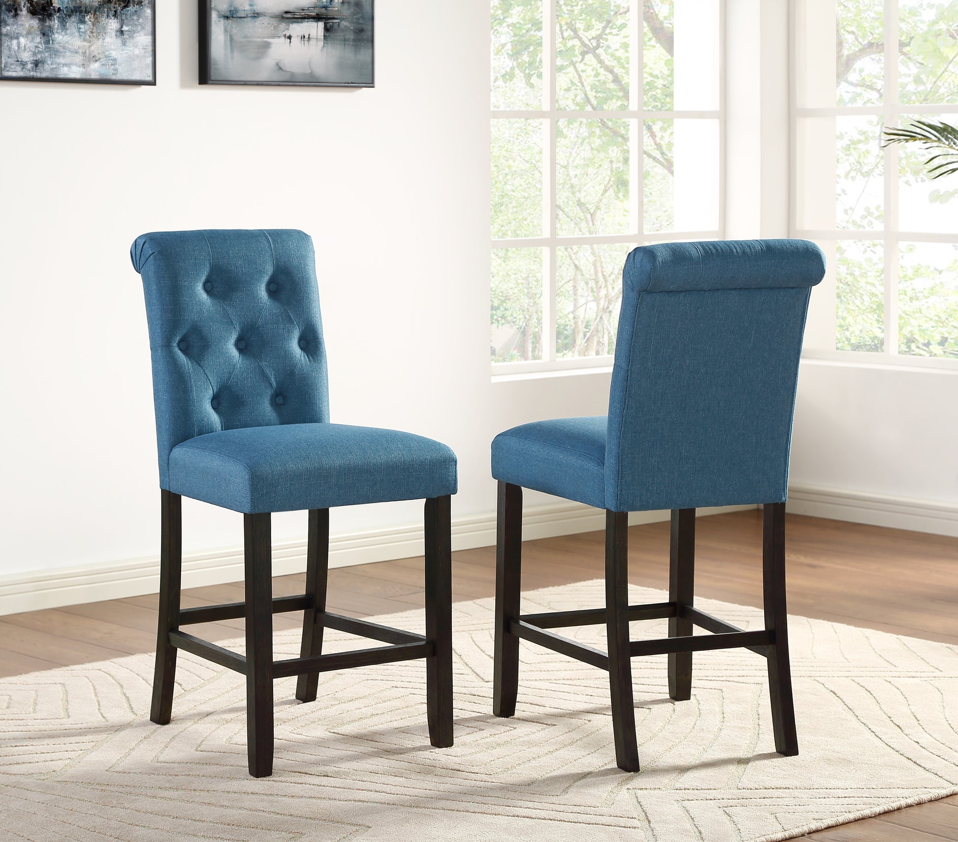 Leviton Solid Wood Tufted Asons Counter Height Stool, Set Of 2, Blue Blue Polyester Blend