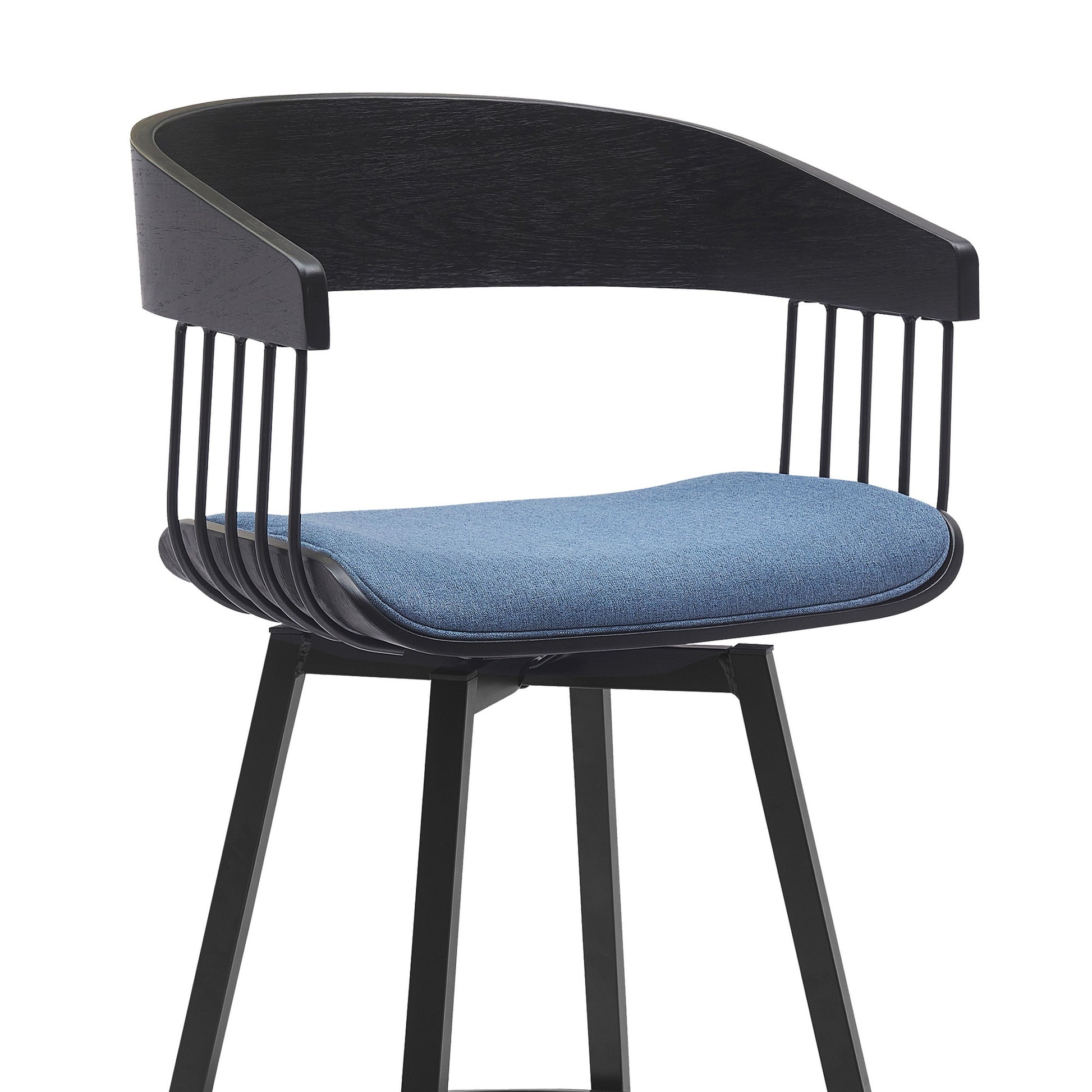 Vera 27 Inch Swivel Counter Stool Chair, Black Open Back, Soft Blue Fabric Black Blue Wood Metal