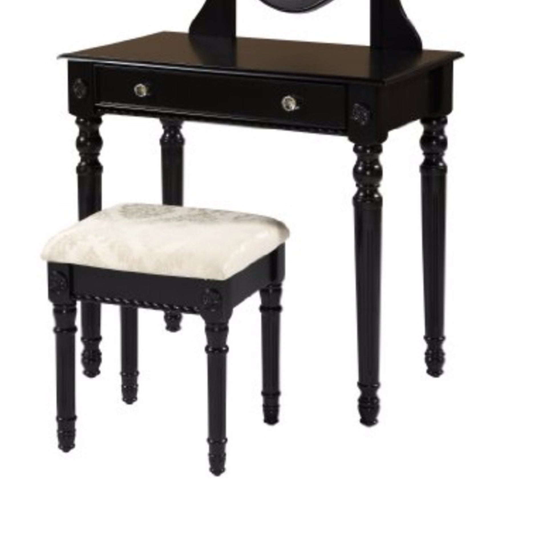 Wooden Vanity Set With Adjustable Mirror And Drawer, Black And Beige Beige Black Wood Fabric