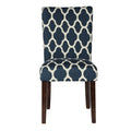 Wooden Parson Dining Chairs With Quatrefoil Patterned Fabric Upholstery, Blue And White, Set Of Two White Blue Wood Fabric