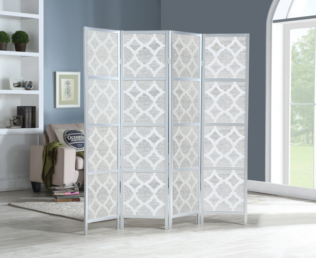 Quarterfoil Infused Diamond Design 4 Panel Room Divider, Silver Silver Wood Paper
