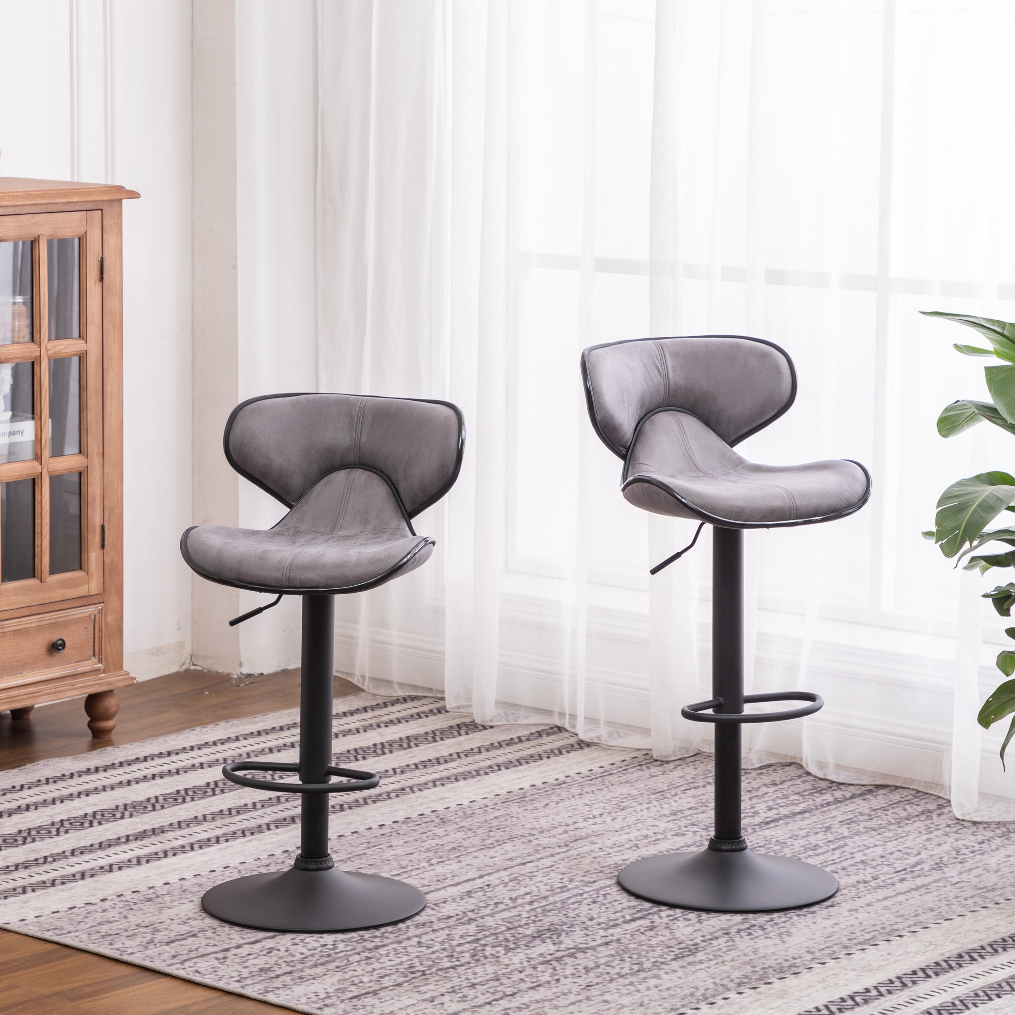 Masaccio Weathered Upholstery Airlift Adjustable Swivel Barstool With Chrome Base, Set Of 2, Grey Gray Polyester