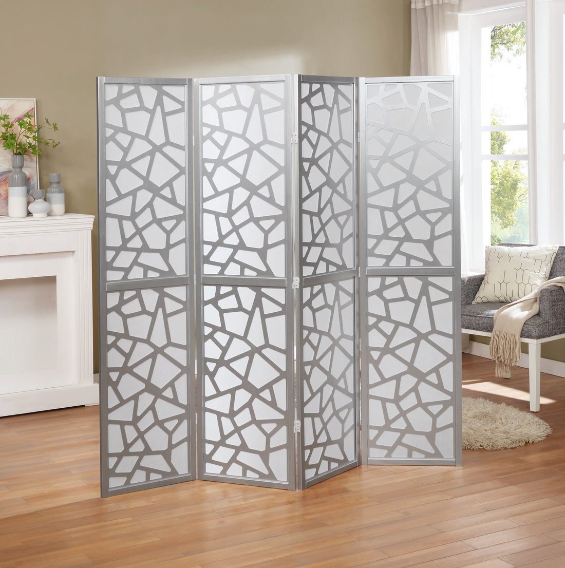 Giyano 4 Panel Screen Room Divider, Sliver Silver Wood Paper