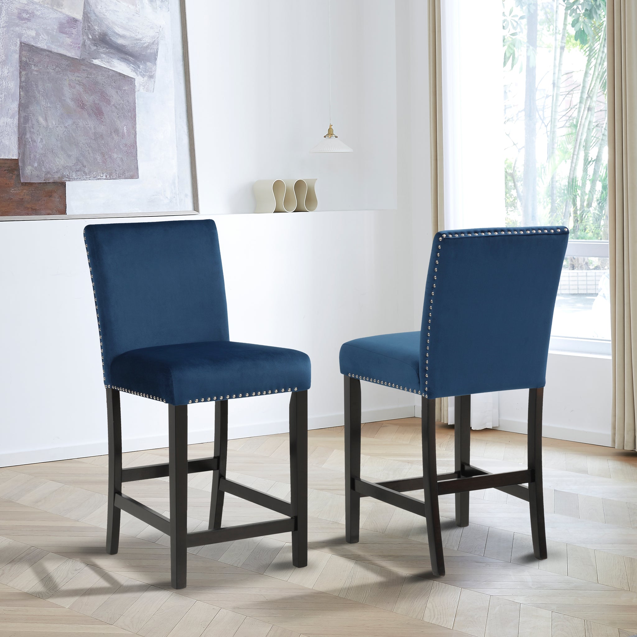 Cobre Contemporary Velvet Counter Stool With Trim, Set Of 2, Blue Blue Velvet