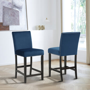 Cobre Contemporary Velvet Counter Stool With Trim, Set Of 2, Blue Blue Velvet