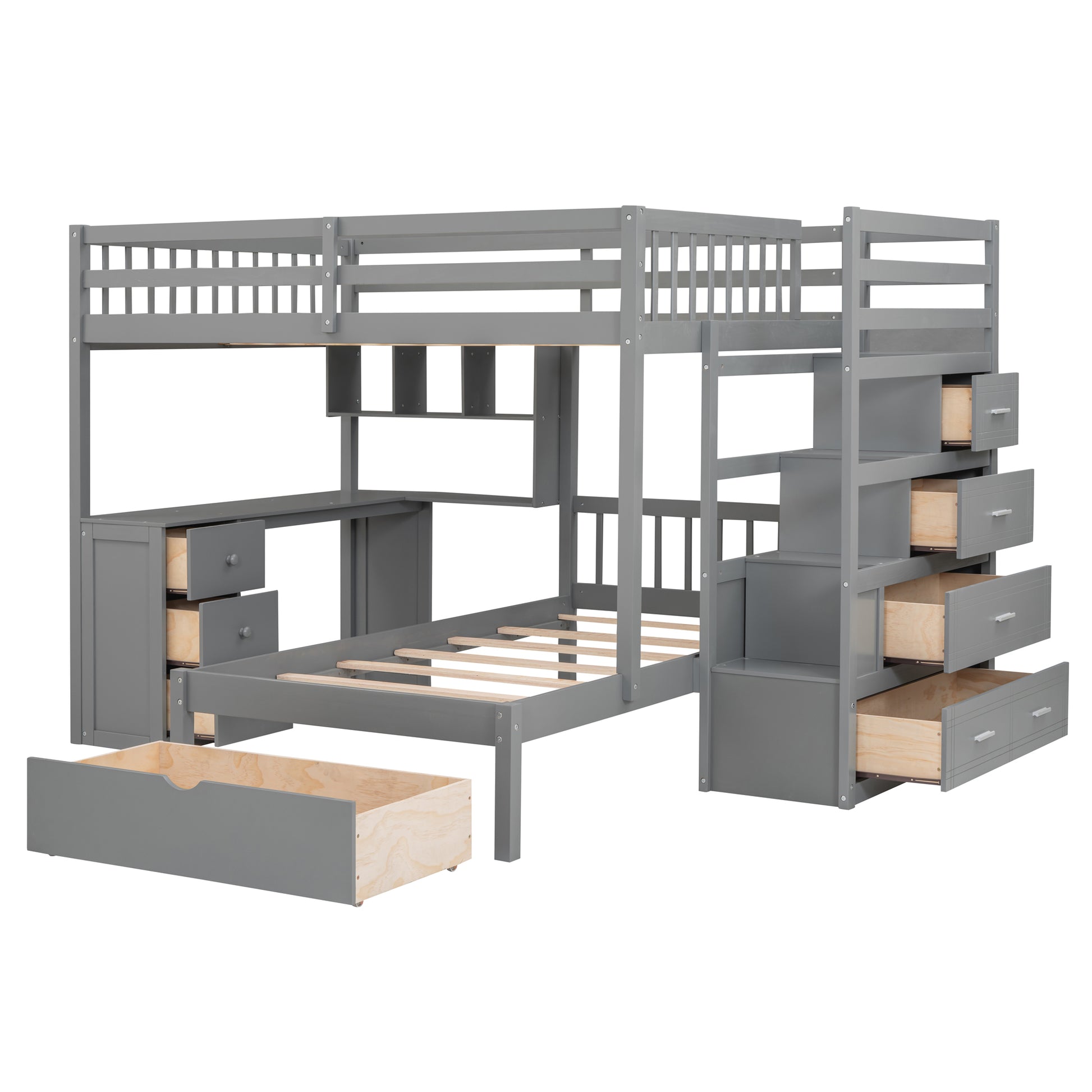 Full Over Twin Bunk Bed With Desk, Drawers And Shelves, Gray Gray Solid Wood