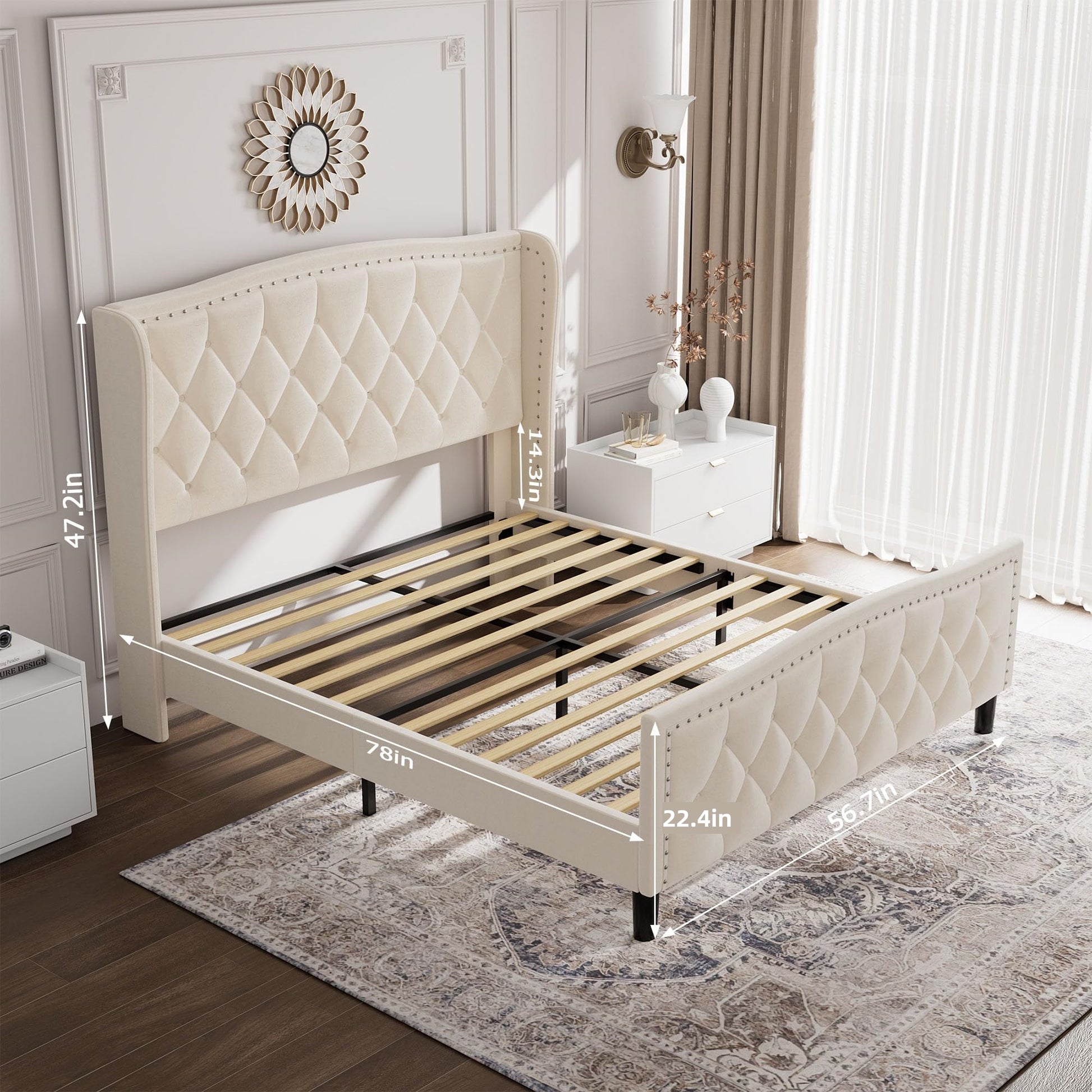 Full Size Bed Frame, Modern Upholstered Platform Bed With Wingback Headboard, Velvet Bed Frame With Wood Slat Support, Easy Assembly, No Box Spring Needed White, Full Box Spring Not Required Full Off White Bedroom Bed Frame Iron