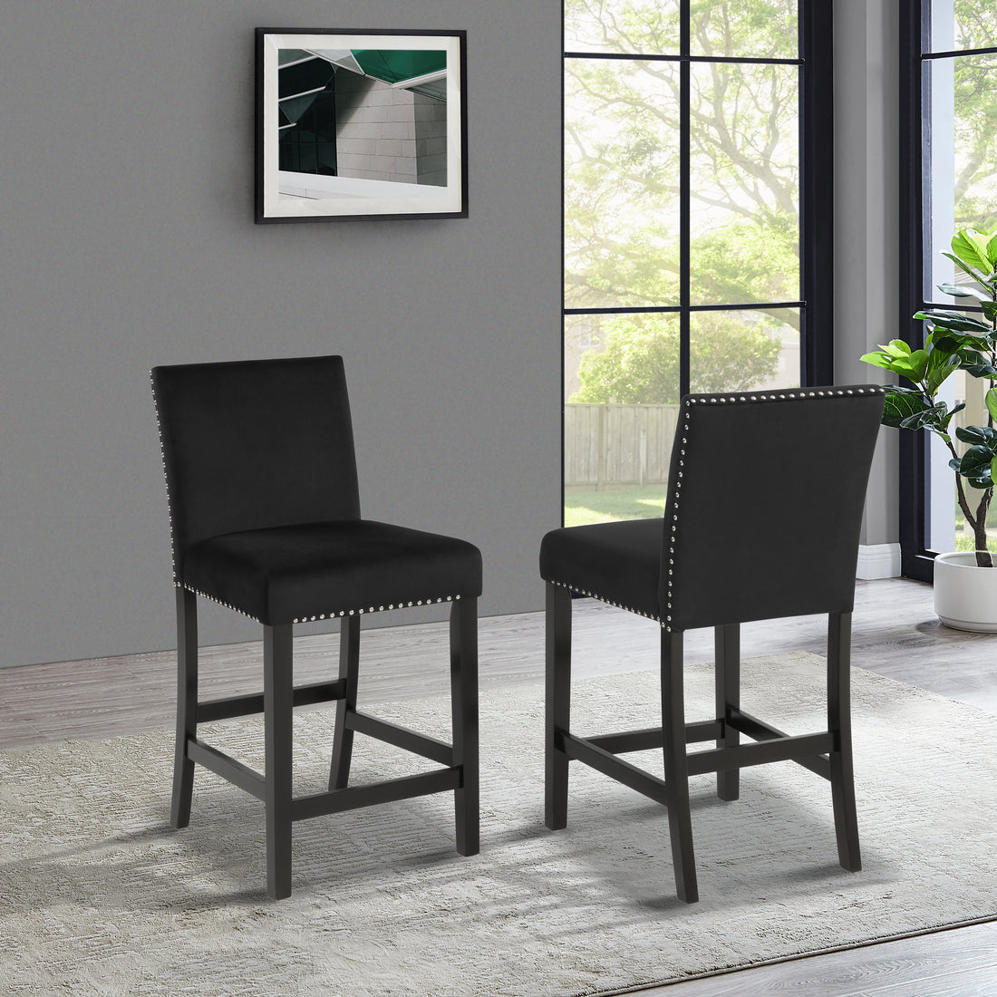 Cobre Contemporary Velvet Counter Stool With Trim, Set Of 2, Black Black Velvet