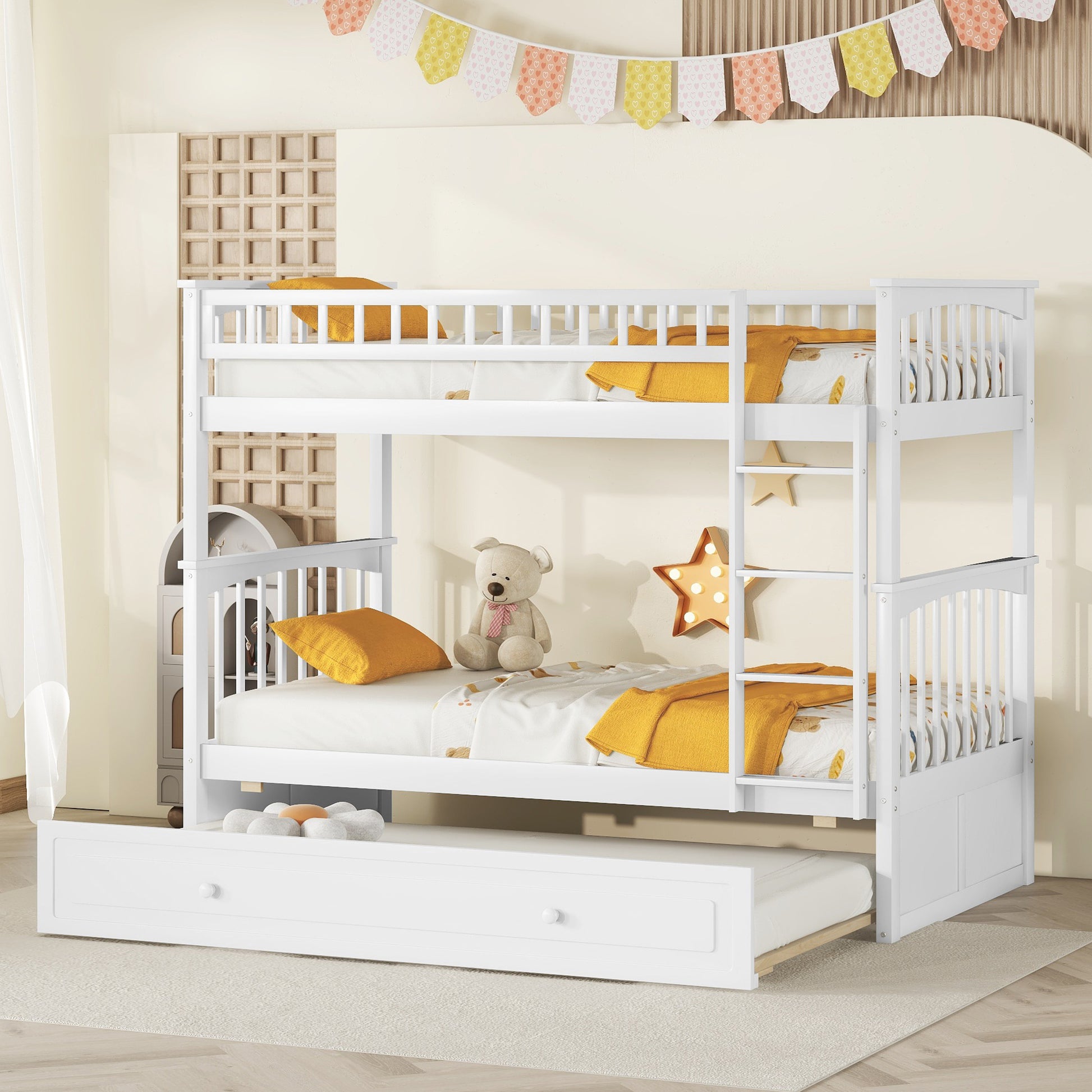 Twin Over Twin Bunk Bed With Twin Size Trundle, Convertible Beds, White Box Spring Not Required Twin White Bedroom Bunk Solid Wood Mdf