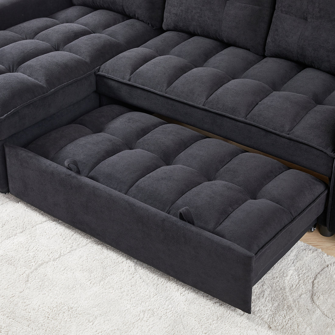 Mh 78.75" Reclining Sofa, Pull Out Sofa Bed With Usb And Tape C Charging Ports, L Shaped Sectional Sofa With Reclining Storage And Arm Side Organizer Pocket Features, Living Room Comfort Sofa Black Chenille Wood Primary Living Space Eucalyptus Foam