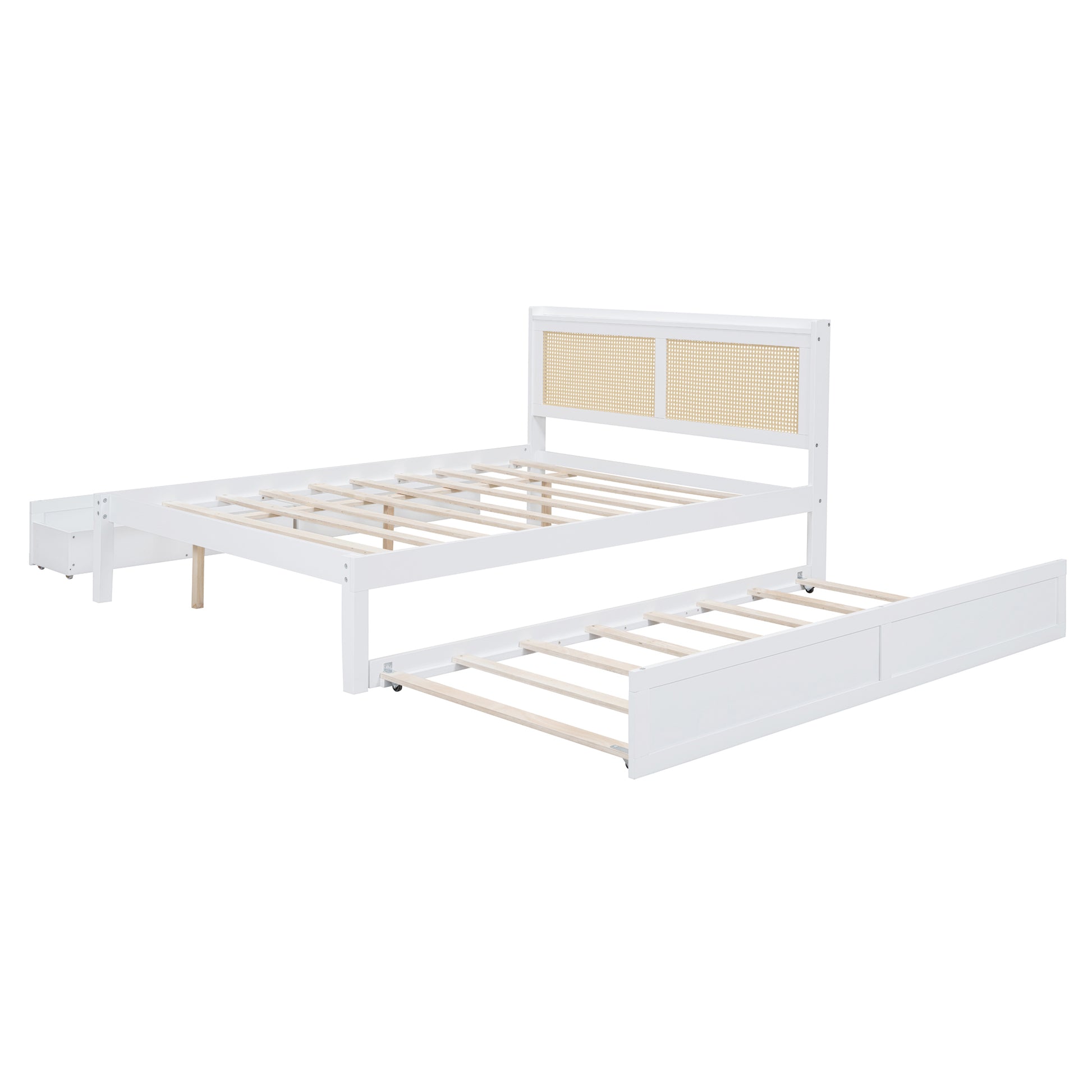 Queen Size Elegant Bed Frame With Rattan Headboard And Sockets ,White White Rattan