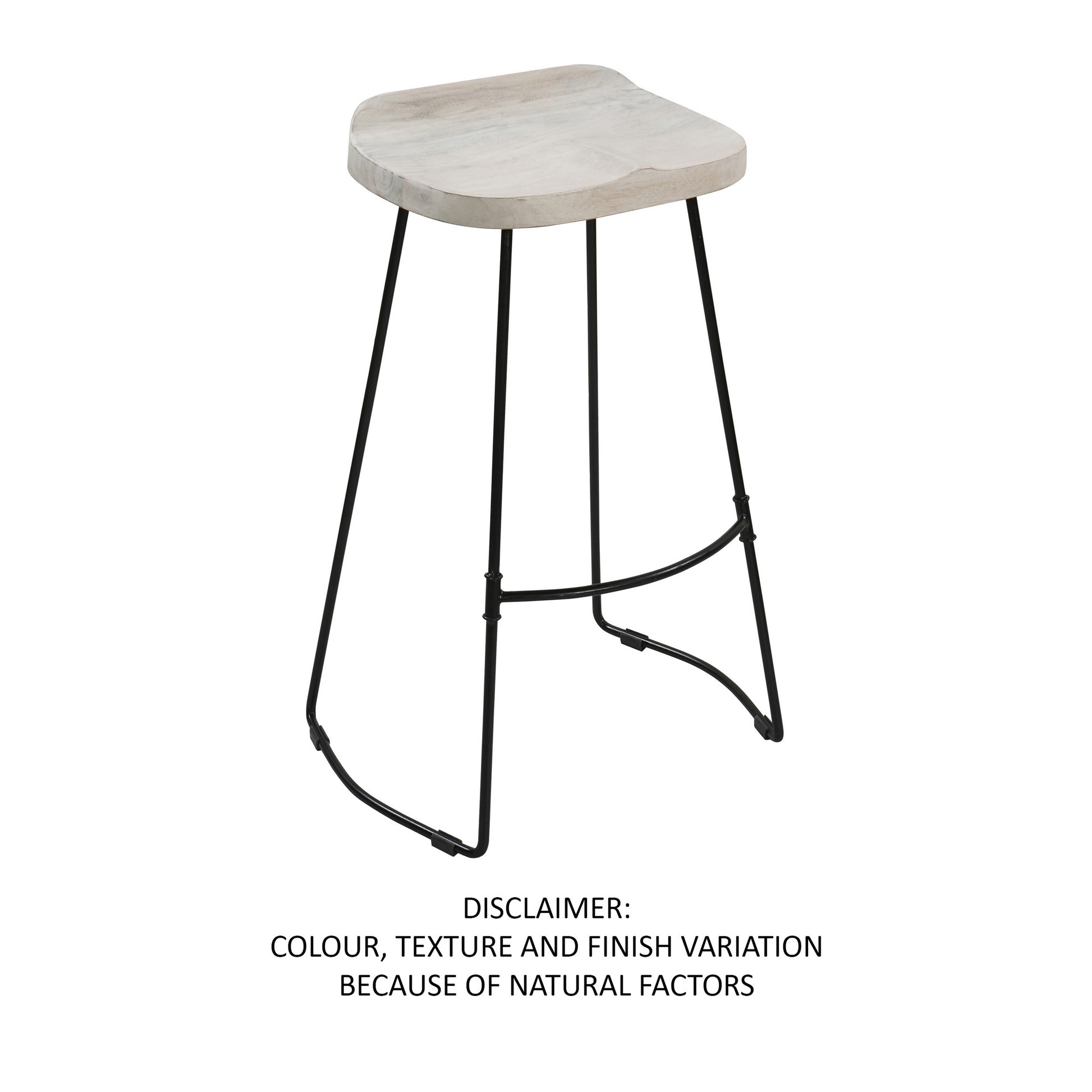 Tiva 30 Inch Handcrafted Backless Barstool, Whitewashed Mango Wood Saddle Seat, Black Metal Base Black White Metal & Wood