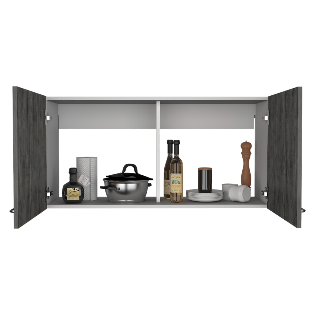 Wall Cabinet 19"H, Two Doors, Two Internal Shelves, White Smoked Oak Multicolor Particle Board Particle Board