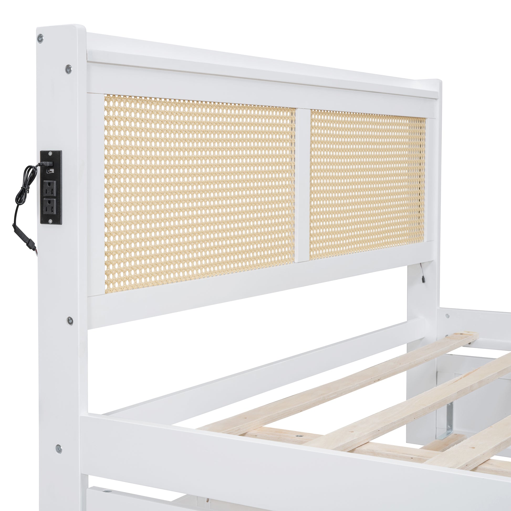 Queen Size Elegant Bed Frame With Rattan Headboard And Sockets ,White White Rattan