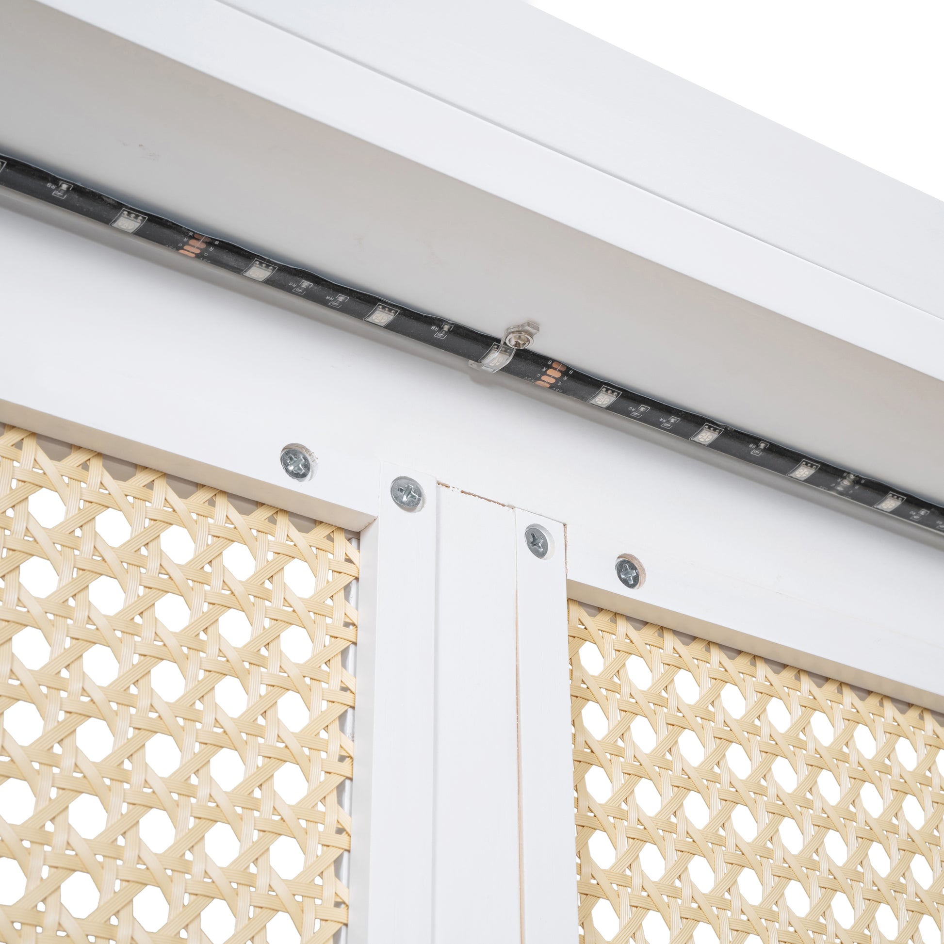 Queen Size Elegant Bed Frame With Rattan Headboard And Sockets ,White White Rattan