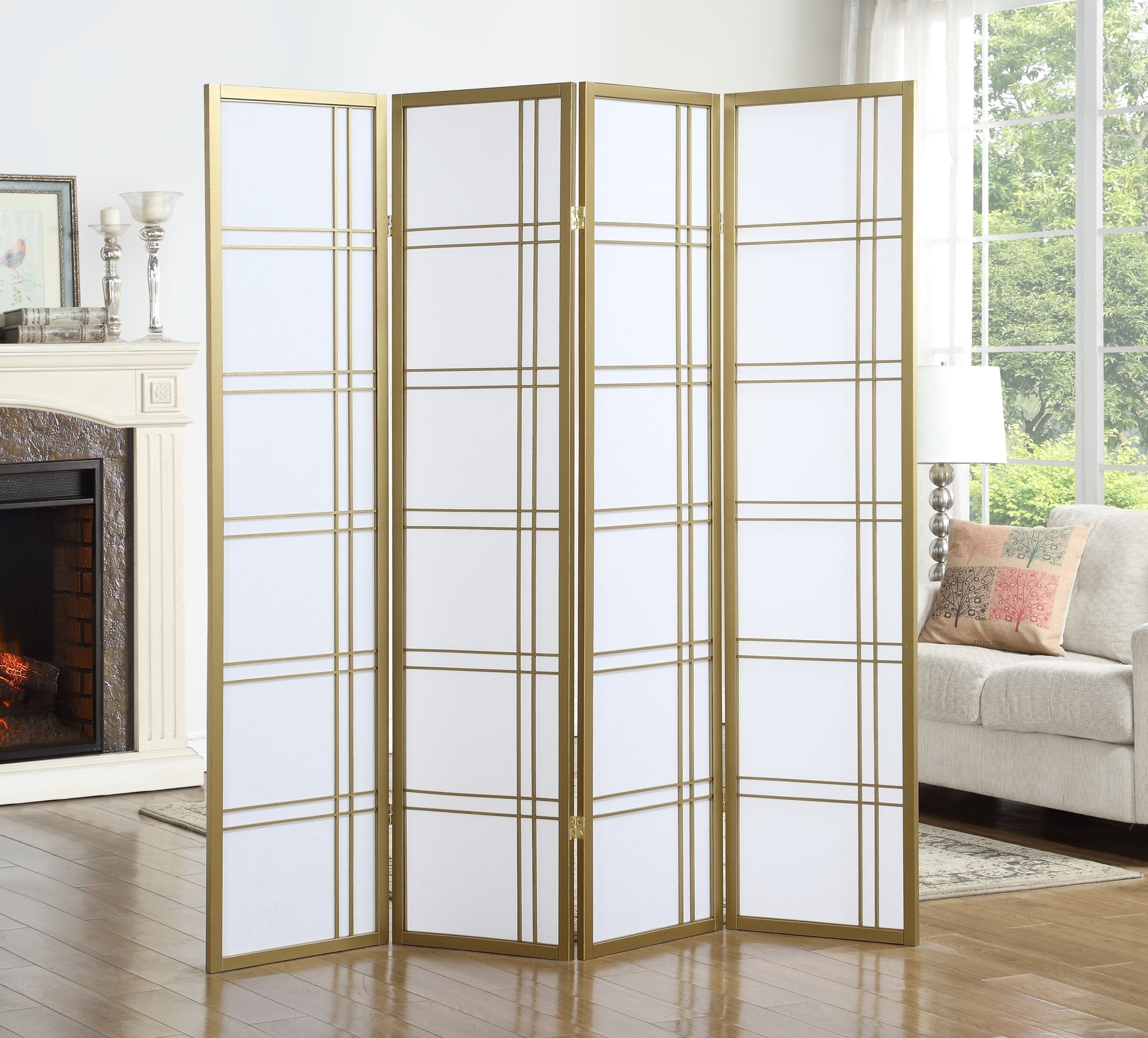 Seto 4 Panel Room Divider Screen, Gold Gold Wood Paper