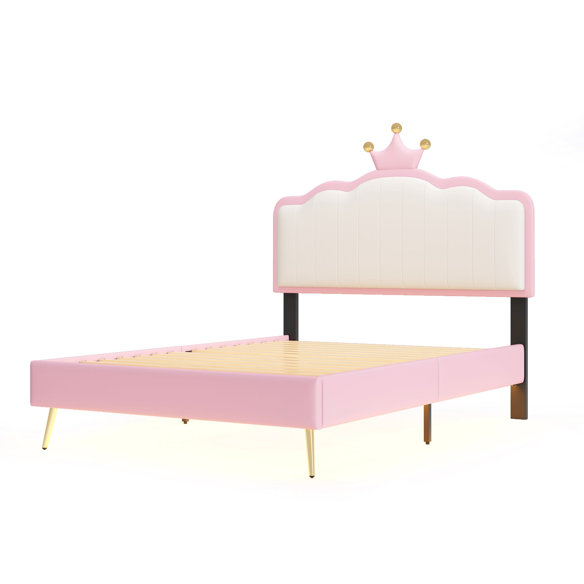 Twin Size Upholstered Princess Bed With Crown Headboard,Twin Size Platform Bed With Headboard And Footboard With Light Strips,Golden Metal Legs, White Pink Pink Pu
