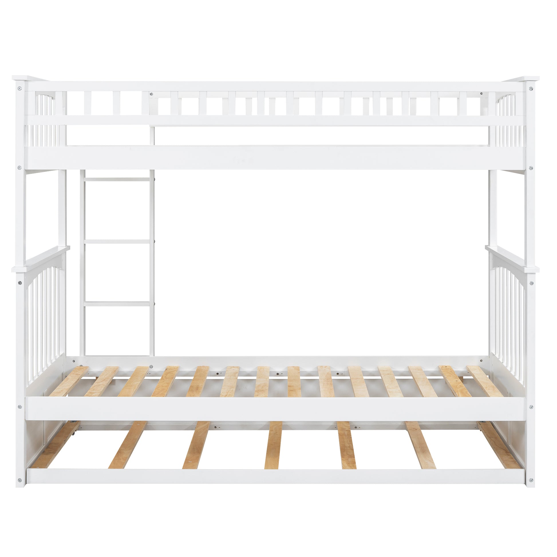 Twin Over Twin Bunk Bed With Twin Size Trundle, Convertible Beds, White Box Spring Not Required Twin White Bedroom Bunk Solid Wood Mdf