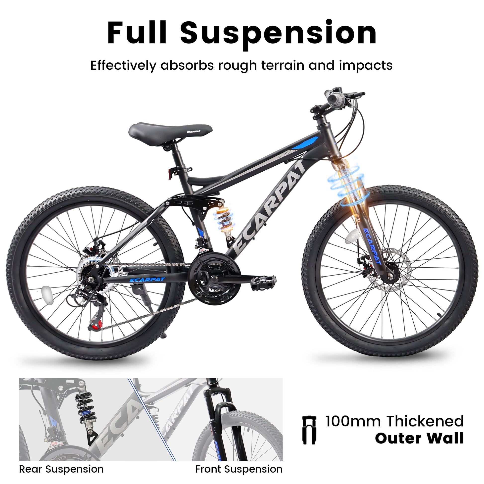 Ecarpat Mountain Bike 24 Inch Wheels, 21 Speed Full Suspension Mens Womens Trail Commuter City Mountain Bike, High Carbon Steel Frame Disc Brakes Grip Shifter Front Fork Rear Shock Absorber Bicycles Cycling Black Without Durable Garden & Outdoor Classic