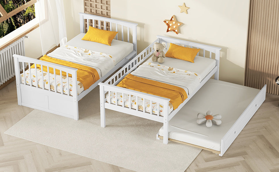 Twin Over Twin Bunk Bed With Twin Size Trundle, Convertible Beds, White Box Spring Not Required Twin White Bedroom Bunk Solid Wood Mdf