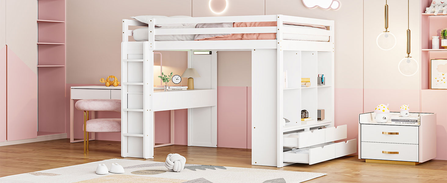 Full Size Loft Bed With Large Shelves, Writing Desk And Led Light, White White Solid Wood Mdf