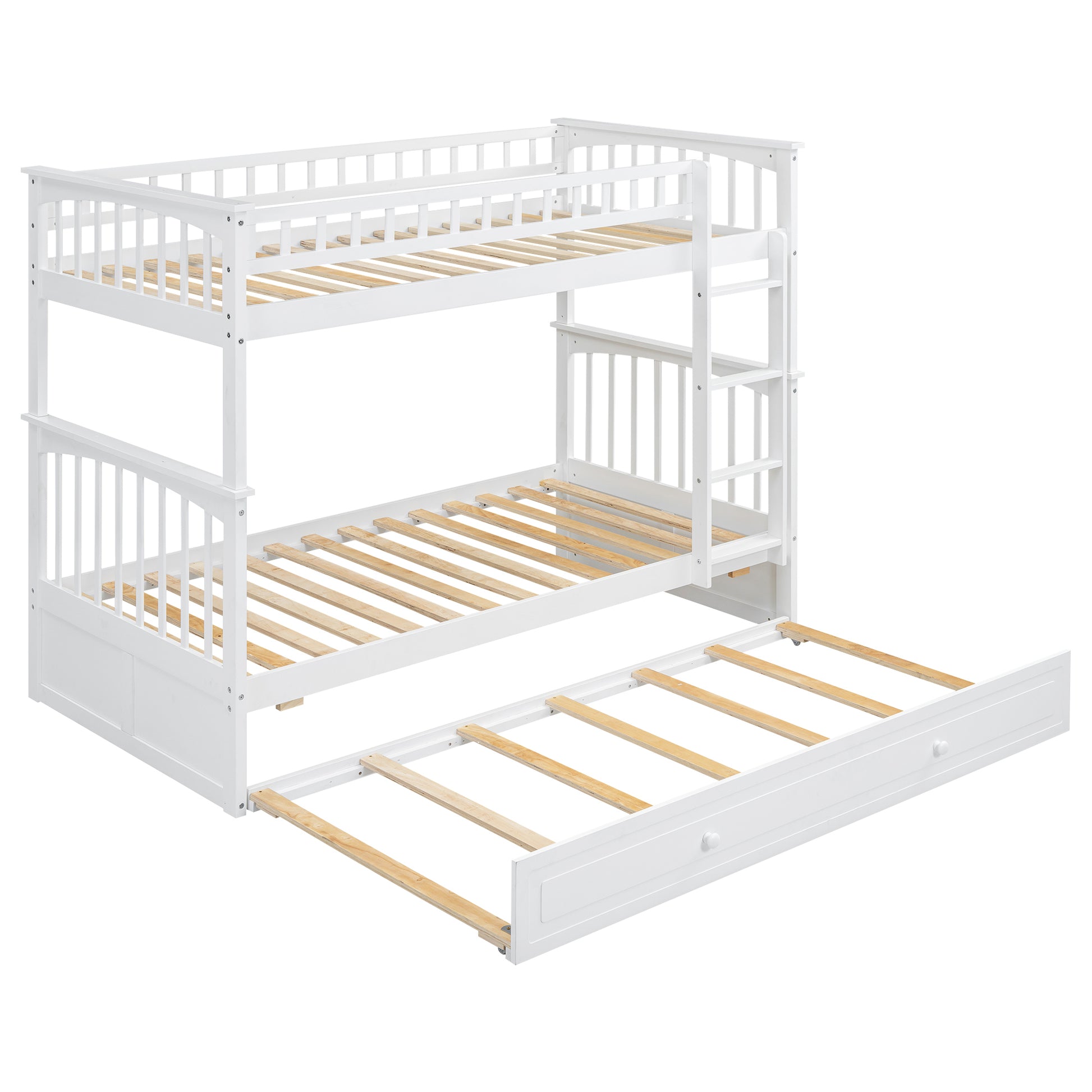 Twin Over Twin Bunk Bed With Twin Size Trundle, Convertible Beds, White Box Spring Not Required Twin White Bedroom Bunk Solid Wood Mdf