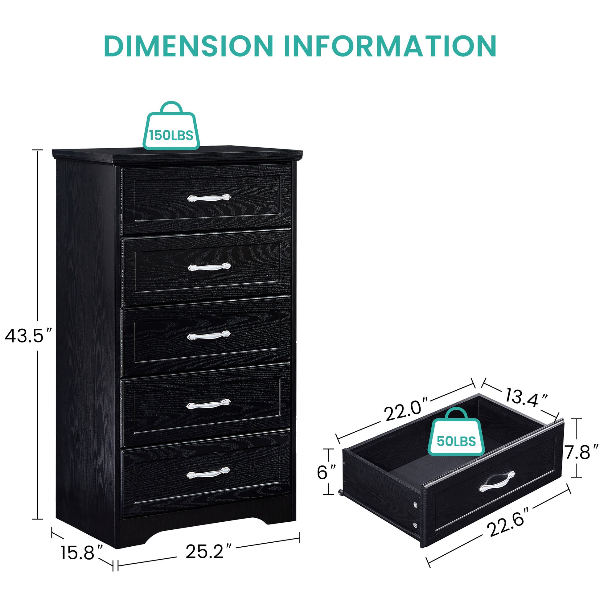 Modern 5 Tier Bedroom Chest Of Drawers, Dresser With Drawers, Clothes Organizer Metal Pulls For Living Room, Bedroom, Hallway, Black, 25.2 L X 15.8 W X 43.5 H Black Particle Board