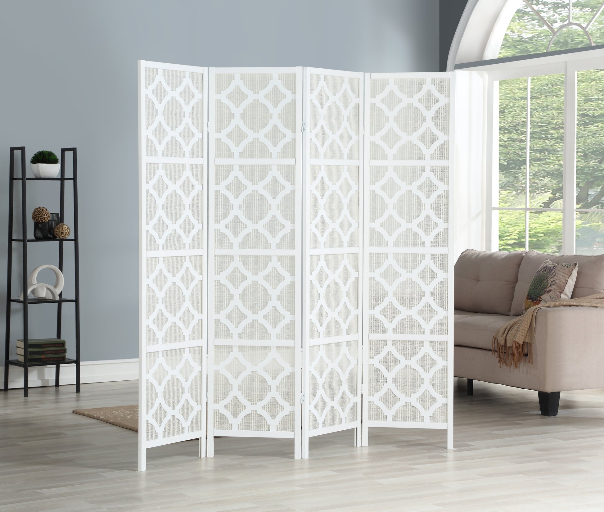 Quarterfoil Infused Diamond Design 4 Panel Room Divider, White White Wood Paper