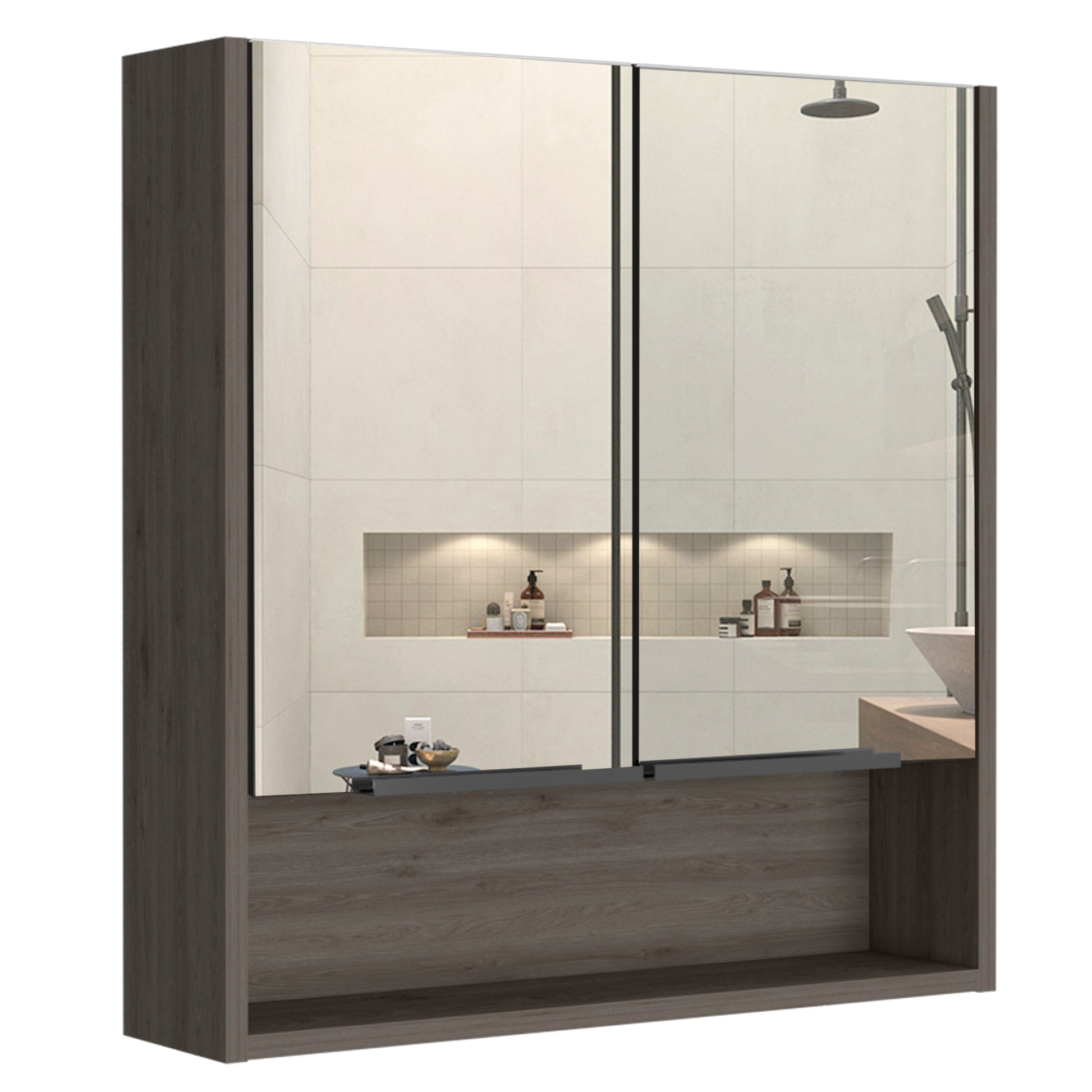 Mirror Medicine Cabinet, One Open Shelf, Three Interior Shelves, Light Gray Gray Particle Board Particle Board