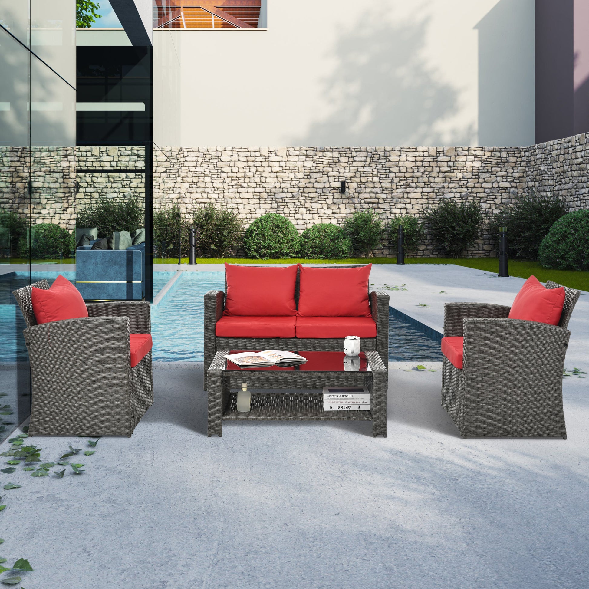 Patio Furniture Sets Dark Gray Seats 4 Pe Rattan Iron Waterproof Fabric