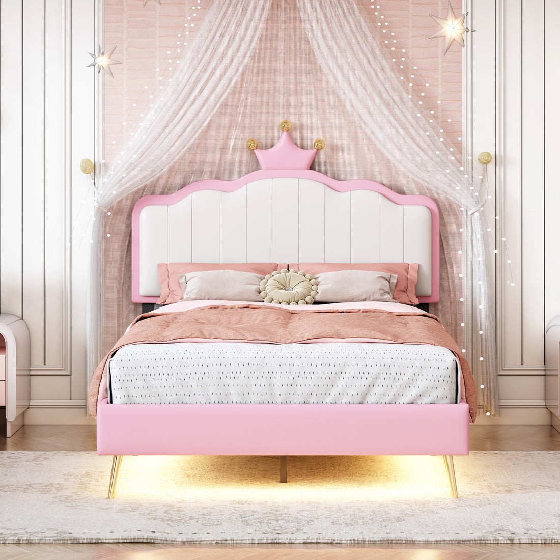 Twin Size Upholstered Princess Bed With Crown Headboard,Twin Size Platform Bed With Headboard And Footboard With Light Strips,Golden Metal Legs, White Pink Pink Pu