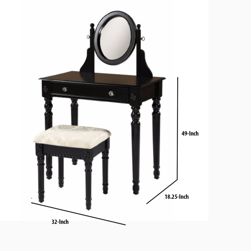 Wooden Vanity Set With Adjustable Mirror And Drawer, Black And Beige Beige Black Wood Fabric