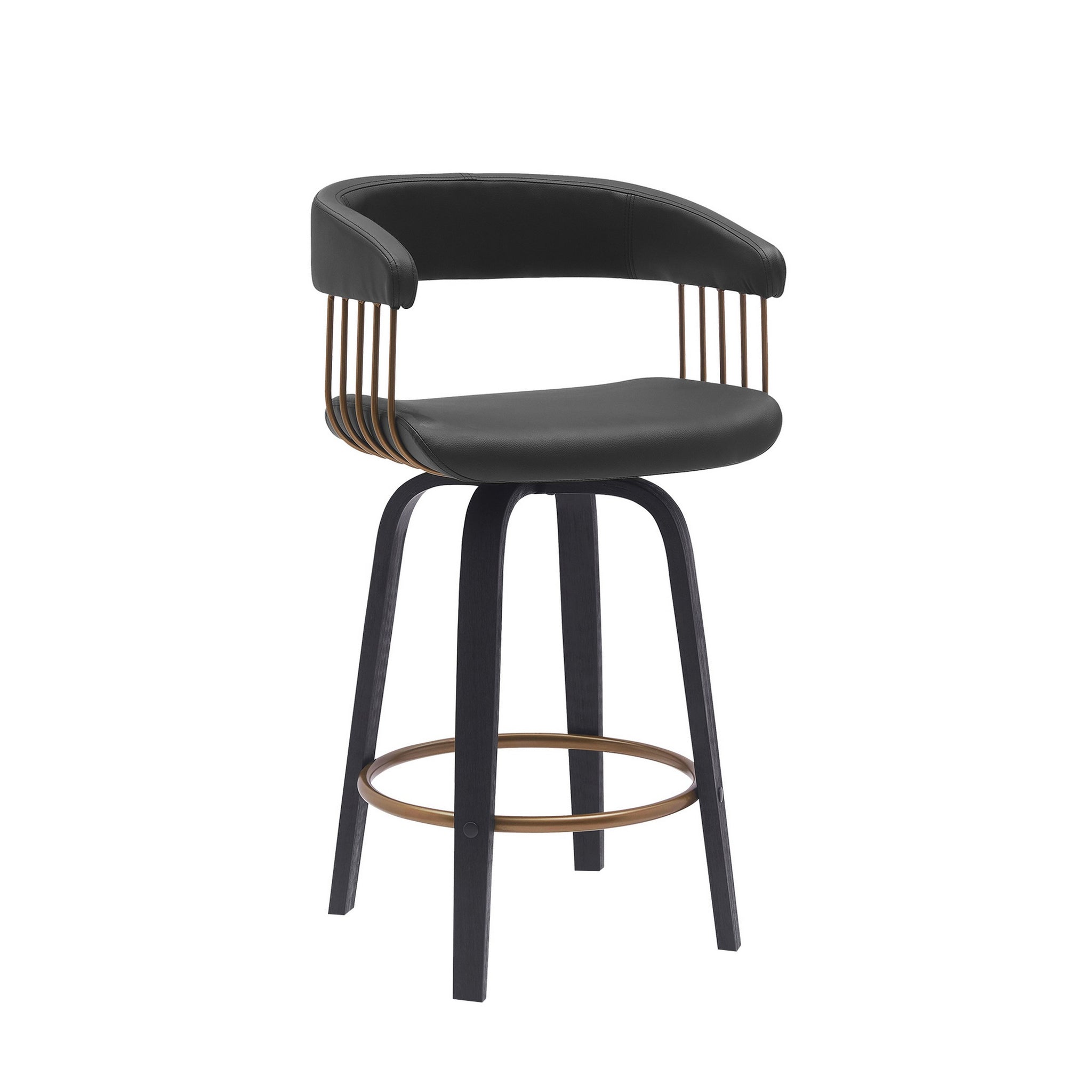 Maya 26 Inch Swivel Counter Chair, Black Faux Leather, Bronze Metal Slats Gold Black Wood Metal