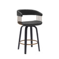 Maya 26 Inch Swivel Counter Chair, Black Faux Leather, Bronze Metal Slats Gold Black Wood Metal