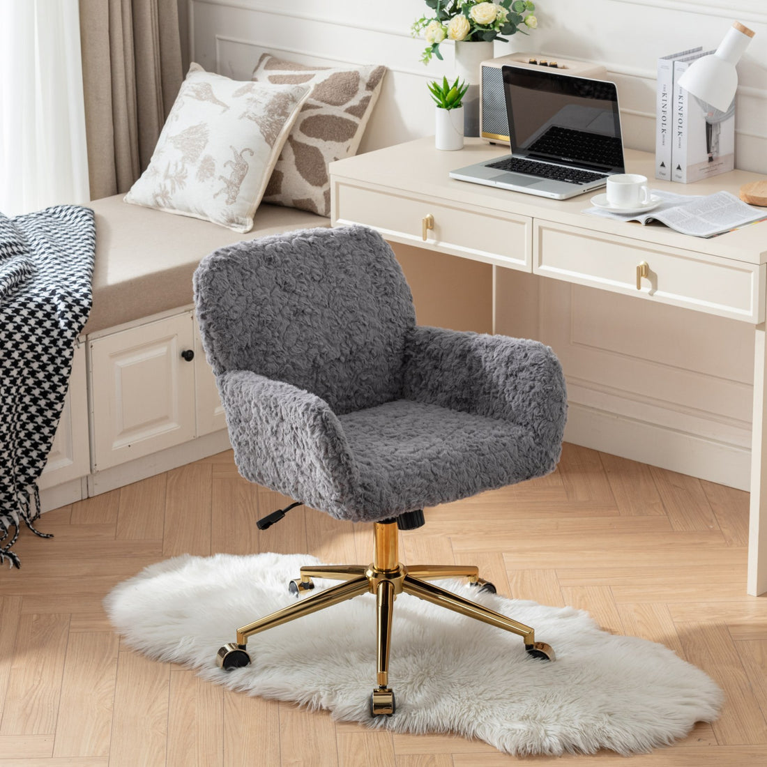 Office Chair,Artificial rabbit hair Home gray-bedroom-foam-upholstered