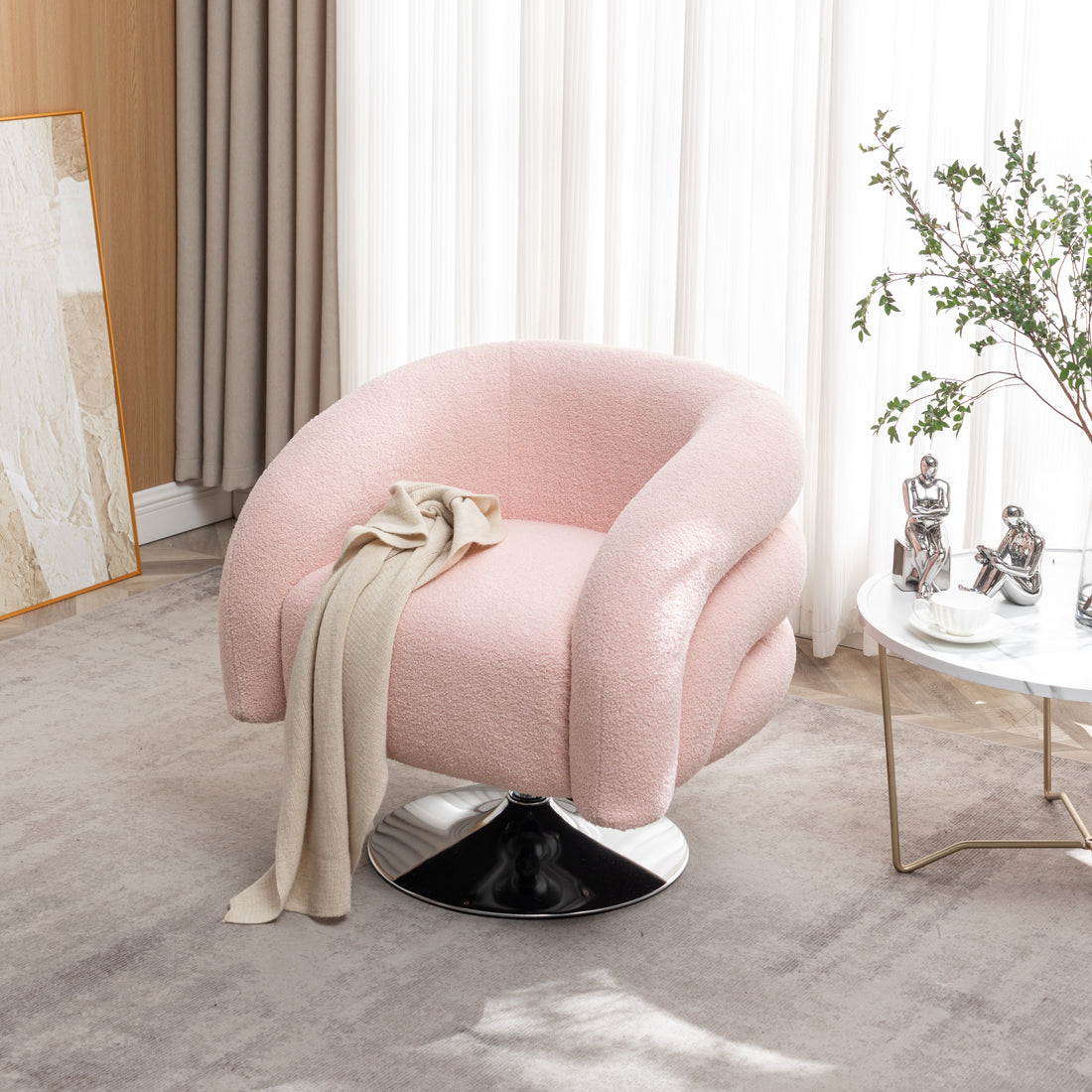 Modern Style Pink Single Swivel Sofa Chair, Teddy Upholstered Single Sofa With Round And Fluffy Reading Chair, Suitable For Living Room, Bedroom, Corner. Pink Bedroom Modern Wood